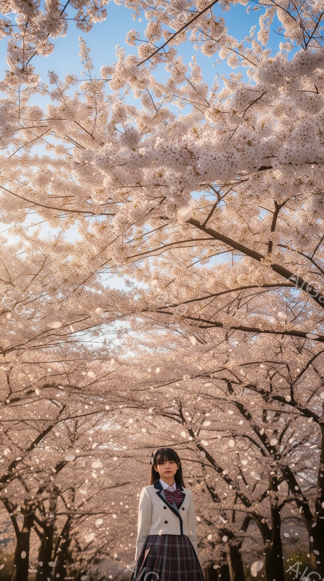 セーラー服に似たブレザーの制服を着た女子学生が、桜並木の真ん中に立っている。彼女は黒髪のボブヘアで、やや下を向いて微笑んでいる。背景は満開の桜で、花びらが舞い散り、空は晴れ渡っている。