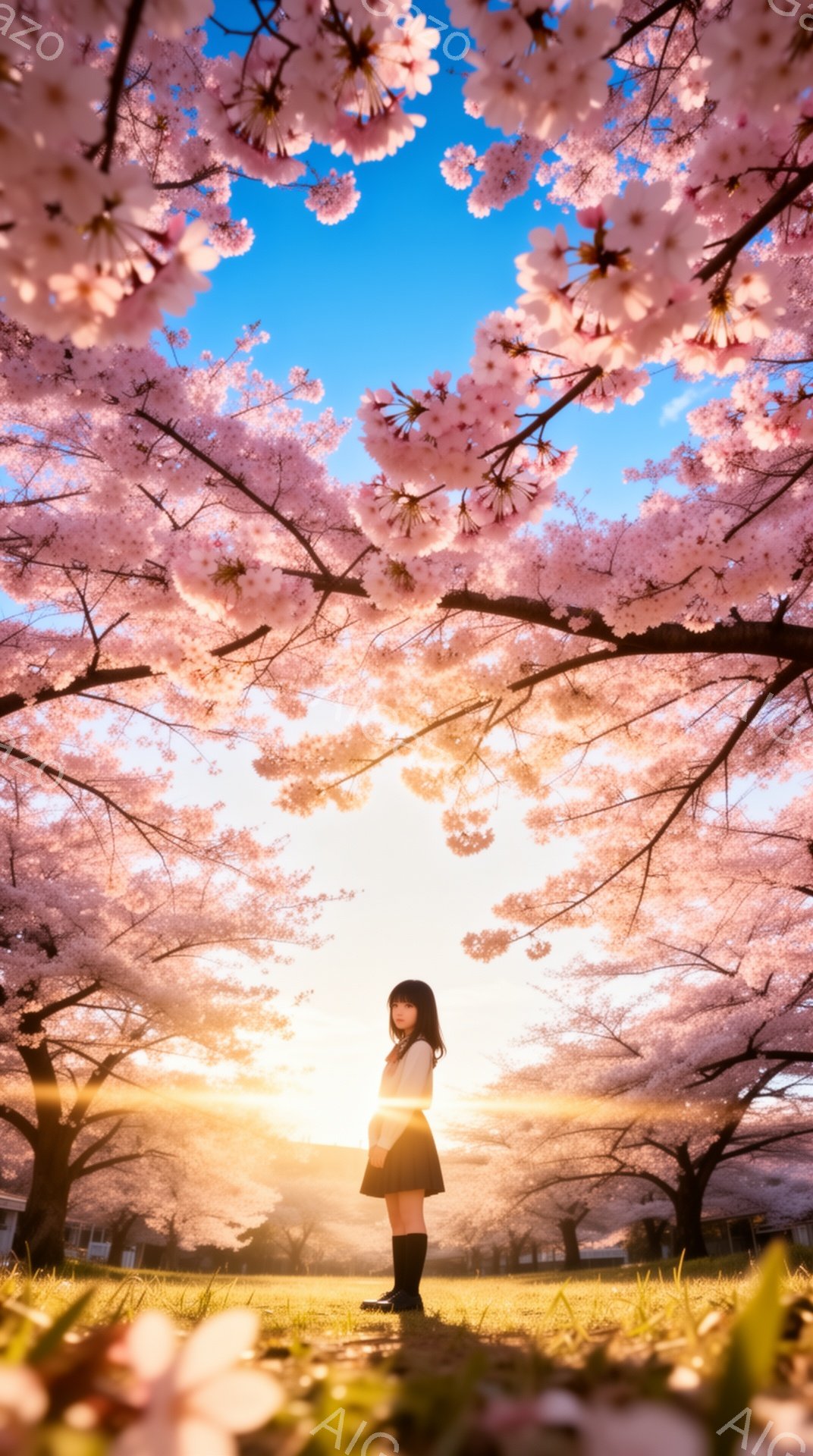 若い女性が桜並木の間に立っており、短いスカートと黒いニーハイソックスを履き、白いブラウスとセーターを着ています。彼女は正面を向き、わずかに微笑んでおり、春の陽光が彼女を照らしています。背景には桜の木々が咲き乱れ、明るい空が広がり、穏やかでロマンチックな雰囲気を醸し出しています。