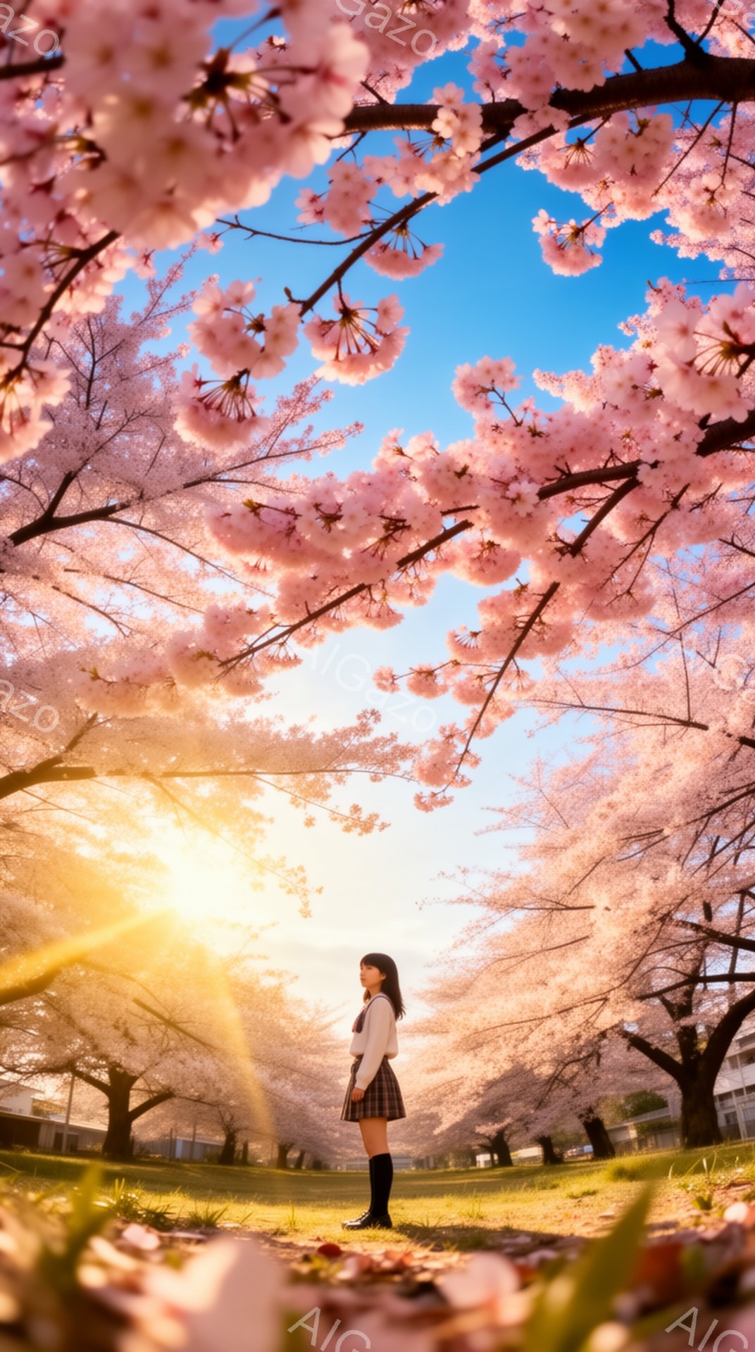 少女は桜並木の下を一人で立っており、紺色の短いスカートと白いセーラー服を着ています。彼女は長い黒髪を後ろでまとめ、顔ははっきりと見えませんが、穏やかな表情をしているように見えます。背景には、桜の花びら - AI生成フリー素材