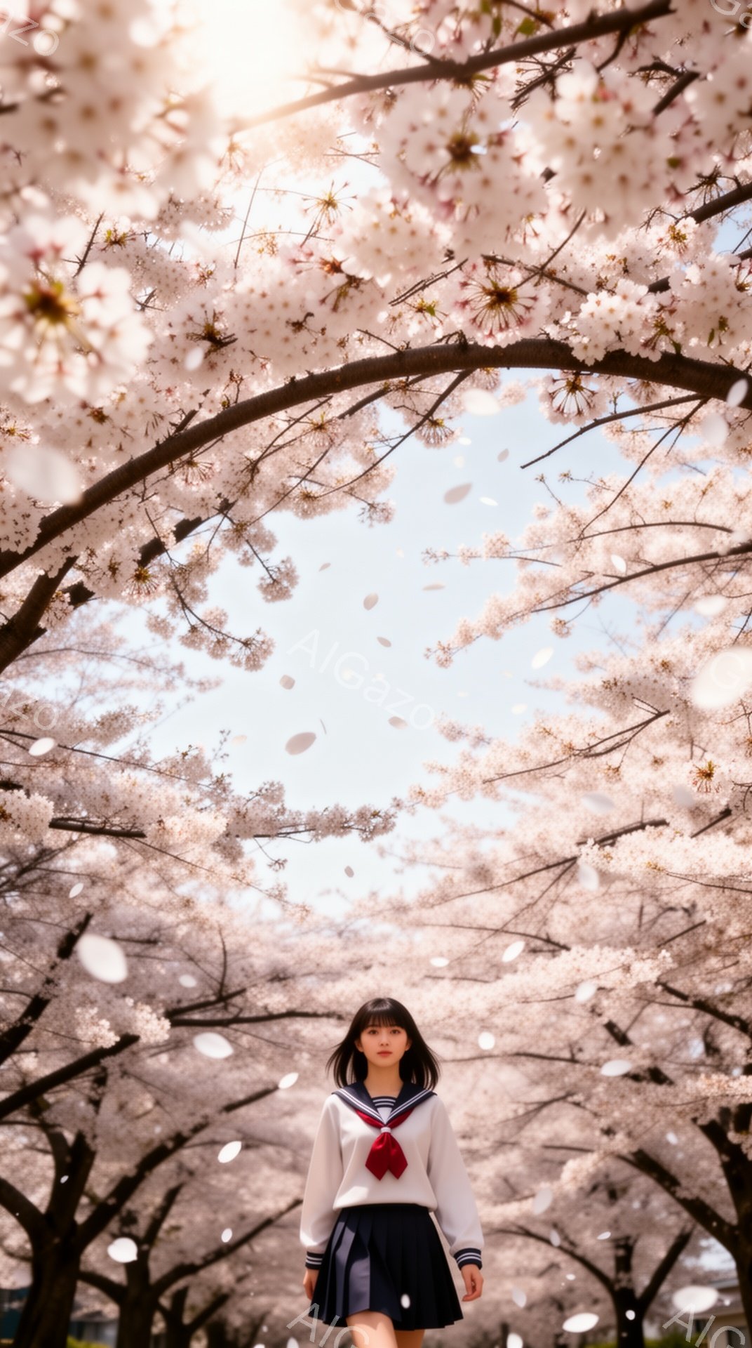セーラー服を着た若い女性が、満開の桜並木の中を正面から見つめて歩いている。彼女は黒髪で、前髪はぱっつん、表情は少し緊張した微笑みを浮かべている。背景は桜の花びらが舞い散る桜並木で、暖かく幻想的な雰囲気を醸し出している。