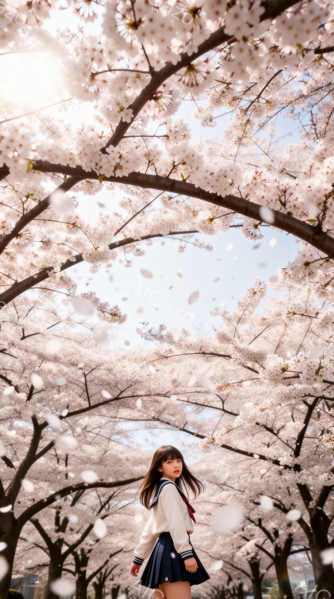 少女は桜並木のトンネルの中に立っており、セーラー服を着ています。彼女は長い茶色の髪をしており、少し微笑んでいて、どこか物憂げな表情をしています。背景は満開の桜で、花びらが舞い散っており、春の暖かく幻想的な雰囲気を醸し出しています。