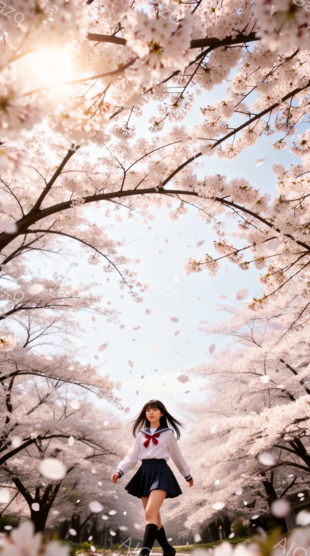 セーラー服姿の少女が、満開の桜並木の中を歩いている。彼女は長い黒髪を後ろでまとめ、少し微笑んでいる様子で、黒いスカートとニーハイソックスを履いている。背景には、ピンク色の桜の花びらが舞い散り、明るい日 - AI生成フリー素材