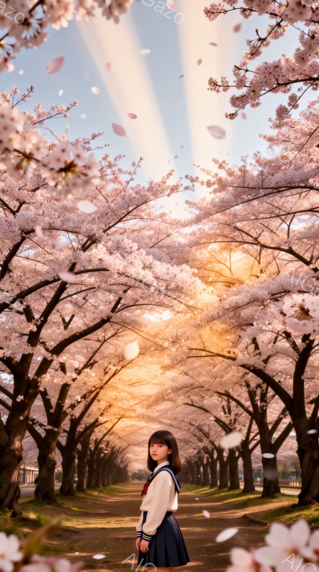 制服を着た少女が桜並木の道を立っている。彼女は紺色のスカートと白いセーラーシャツを着ており、赤いネクタイが結ばれている。背景は満開の桜並木で、日の光が木々の間から差し込み、幻想的な雰囲気を醸し出している。