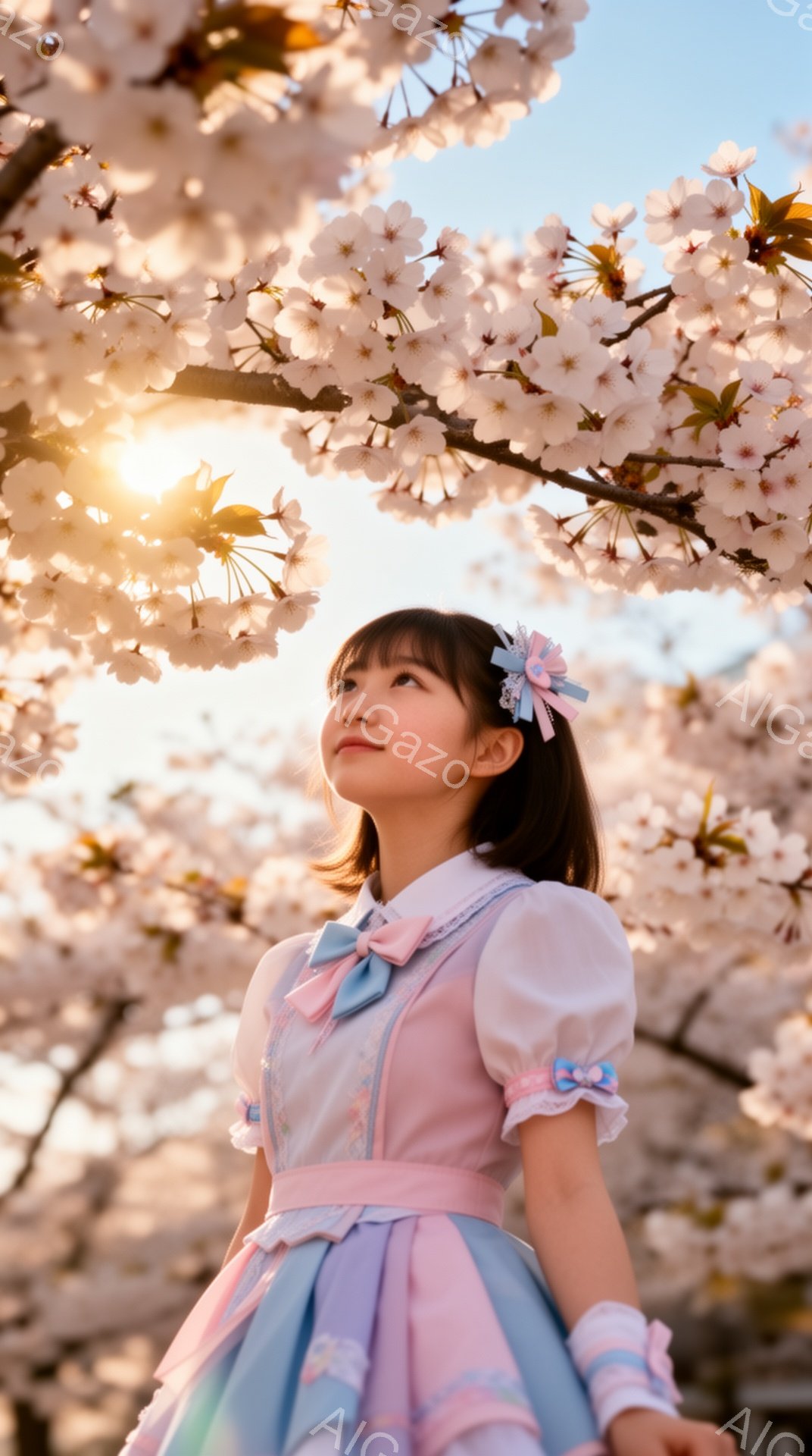 少女はピンクと水色のカラフルなワンピースを着ており、髪にはリボンが飾られています。彼女は少し上を見上げ、穏やかな表情を浮かべています。背景には桜が満開の木々と、柔らかい日差しが差し込む空が広がっており - AI生成フリー素材