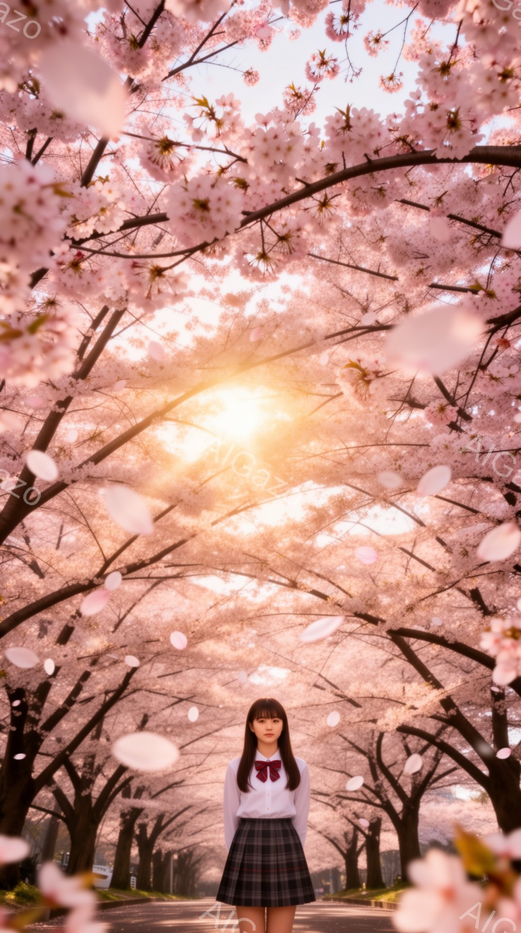 画像には、桜並木の真ん中に立つ女子高生が写っています。彼女は白いブラウスに赤いリボン、チェック柄のスカート、そして黒い靴を履いています。 彼女は前を向き、少し微笑んでおり、周囲を舞う桜の花びらが春の暖 - AI生成フリー素材