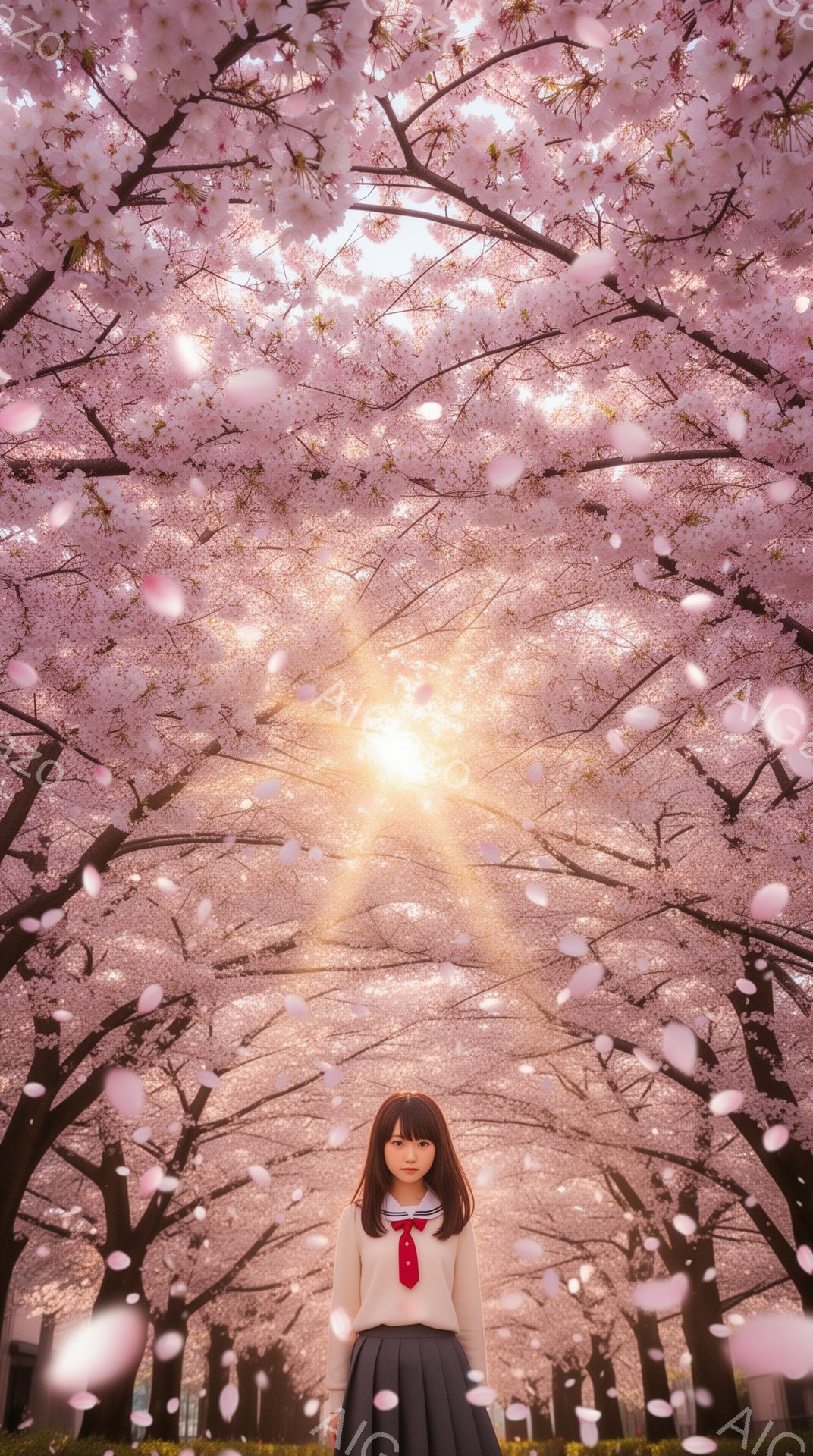 画像には、満開の桜並木の真ん中に立つ女子高生が写っている。彼女はセーラー服に赤いリボン、プリーツスカートを身に着け、髪は肩までの長さで、前髪が目にかかっている。桜の花びらが舞い散る中で、彼女は正面を向 - AI生成フリー素材