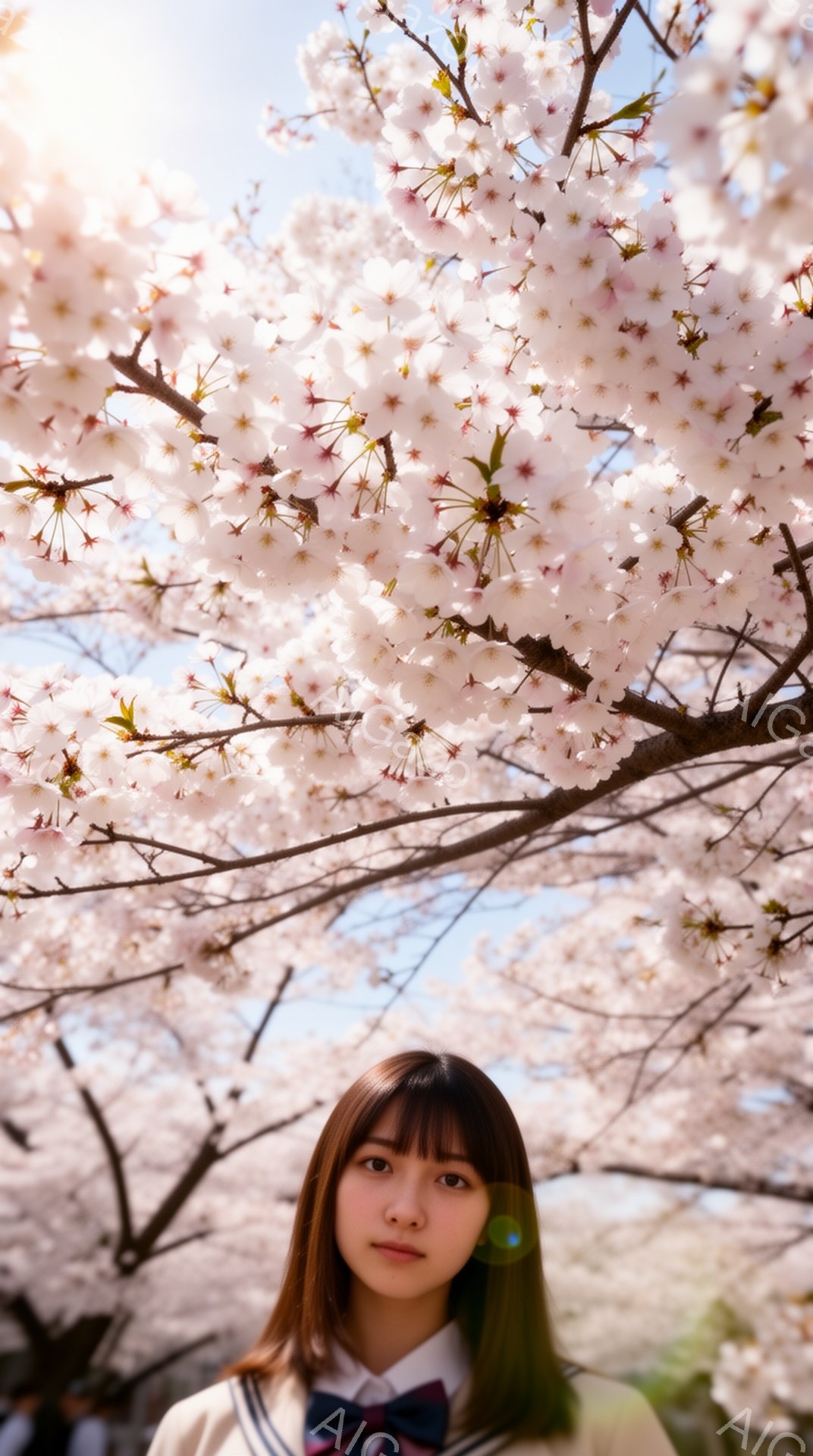桜の花びらが満開の木の下に、日本の女子高生が立っている。彼女は紺色のリボンと白のセーラー服を着ており、肩まで届く茶色の髪を横分けにしている。彼女の表情は落ち着いており、カメラ目線を少し下に見つめている。