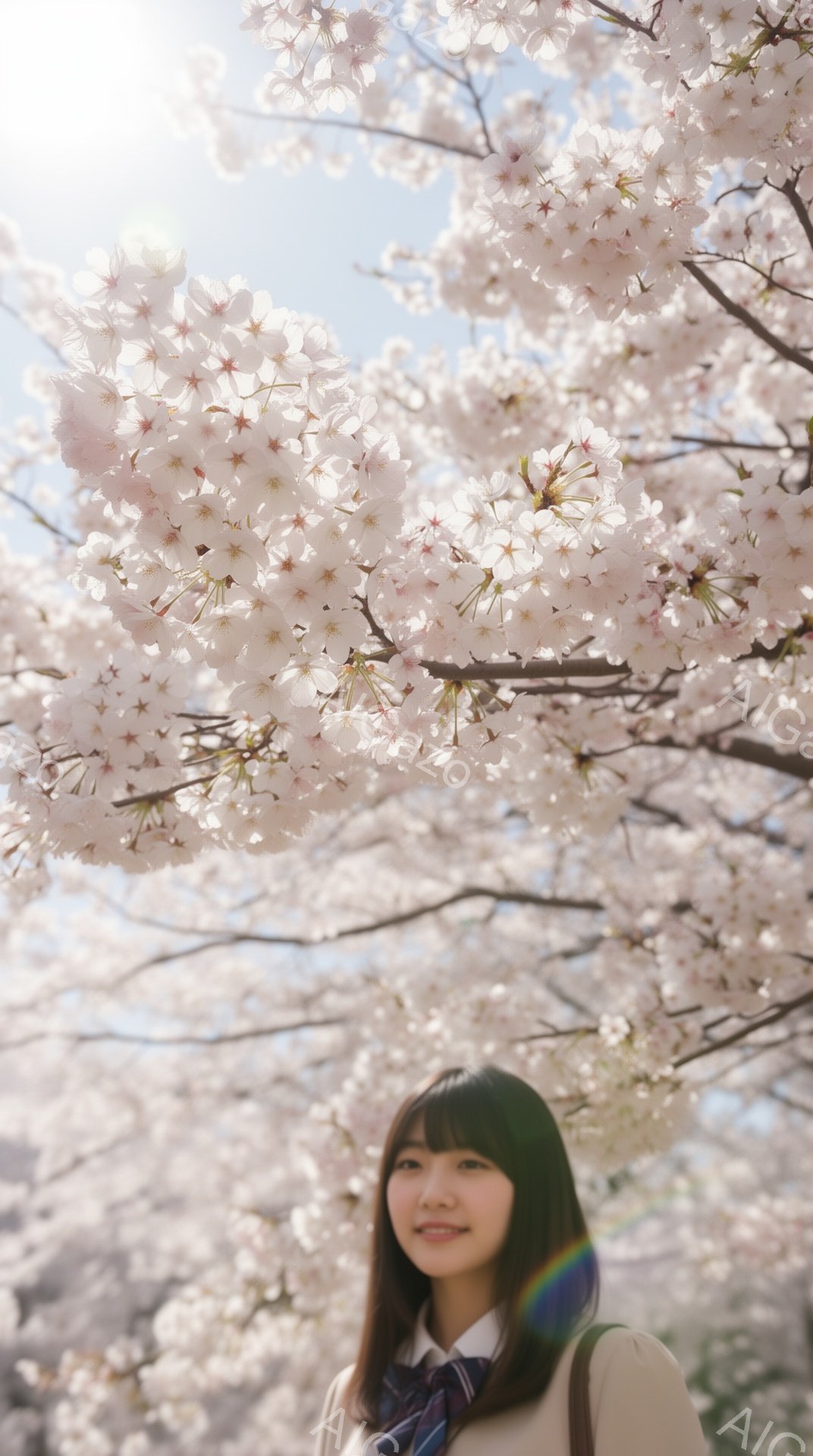 若い女性が桜並木の真下で微笑んでいます。紺色のリボン付きの白いブラウスとベージュのジャケットを着ており、肩にはバッグが掛かっています。満開の桜の花びらが彼女の頭上いっぱいに咲き乱れ、春の暖かく穏やかな - AI生成フリー素材