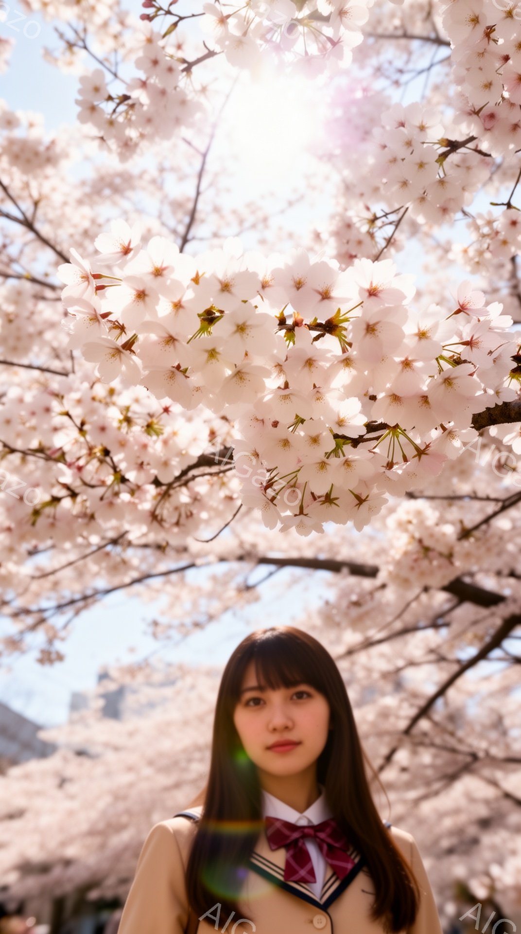 若い女性が桜の満開の木の下に立っており、制服を着ています。彼女は茶色のストレートヘアで、前髪が目に少しかかっています。表情は穏やかで、わずかに微笑んでいるように見えます。 - AI生成フリー素材