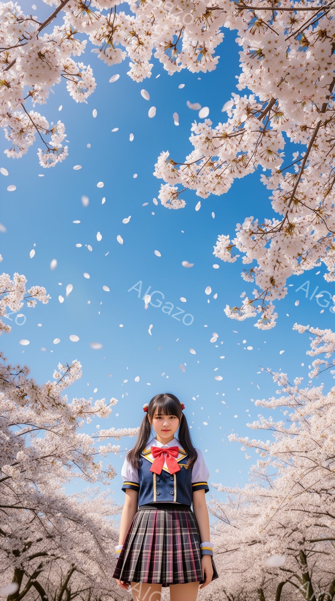 制服を着た少女が桜並木の真ん中に立っている。彼女は赤いリボンとブレザー、チェックのスカートを身につけ、黒髪のショートボブに前髪ぱっつんのヘアスタイルをしている。背景には満開の桜が咲き乱れ、花びらが舞い散り、春の暖かさと儚い美しさを表現している。
