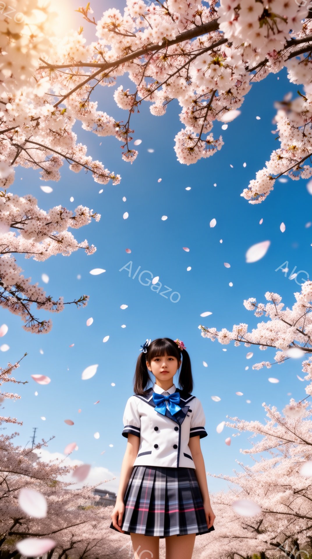 黒髪をツインテールにした少女が、紺色のブレザーとチェック柄のスカートの制服を着て立っています。彼女は前をまっすぐ見ており、表情は穏やかで少し微笑んでいます。背景には満開の桜が咲き乱れ、桜の花びらが舞い - AI生成フリー素材