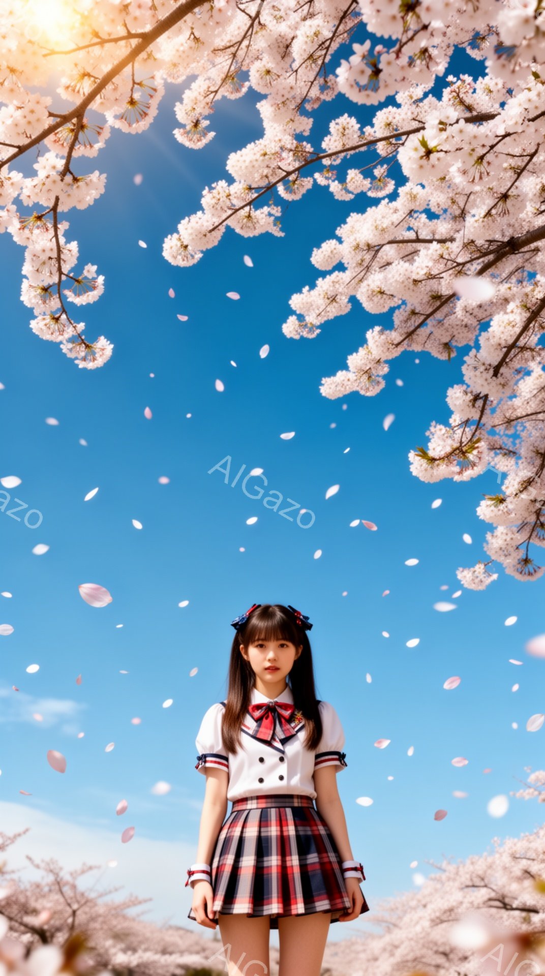 画像には、桜の花びらが舞う中で、日本の学校制服を着た若い女性が写っています。彼女は黒髪で前髪を下ろし、赤いリボンをつけています。背景には、満開の桜並木と青空が広がり、春の訪れを感じさせる穏やかな雰囲気 - AI生成フリー素材