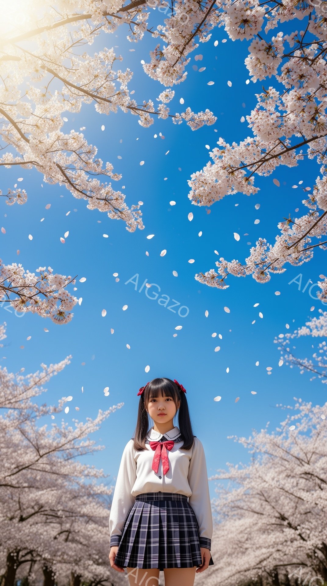 画像には、桜の花びらが舞う中で、制服を着た少女が正面を向いて立っています。彼女はダークトーンの髪を肩まで伸ばし、前髪はストレートカット、サイドには赤いリボンをつけています。背景は満開の桜並木で、青空が - AI生成フリー素材