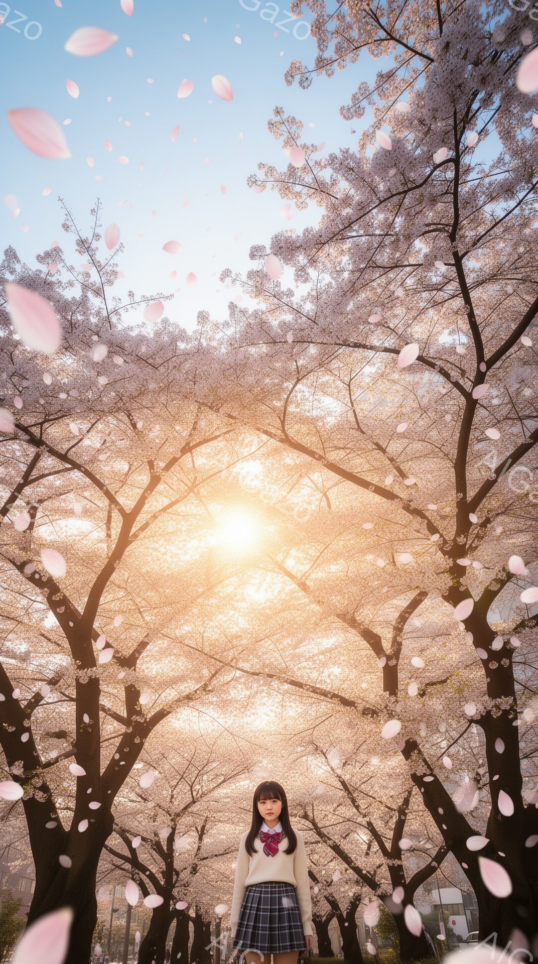明るい桜並木の中に立つ女子高生が写っている。紺色のリボンがアクセントのセーラー服に、チェック柄のスカートを合わせ、肩にはカーディガンを羽織っている。彼女は正面を向き、少し微笑んでおり、視線はカメラに向 - AI生成フリー素材