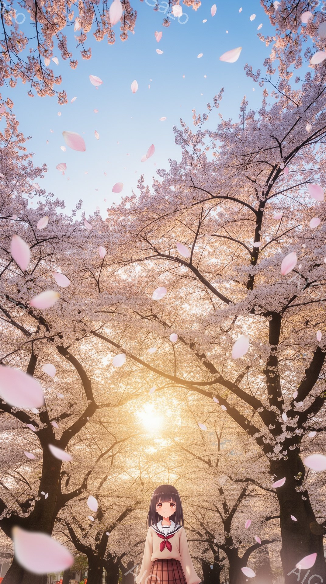 画像は、桜並木の下に立つ少女を描いています。彼女はセーラー服を着ており、髪は短く、赤いリボンで結ばれています。背景には満開の桜が広がり、太陽が輝き、春の暖かく穏やかな雰囲気を醸し出しています。 - AI生成フリー素材