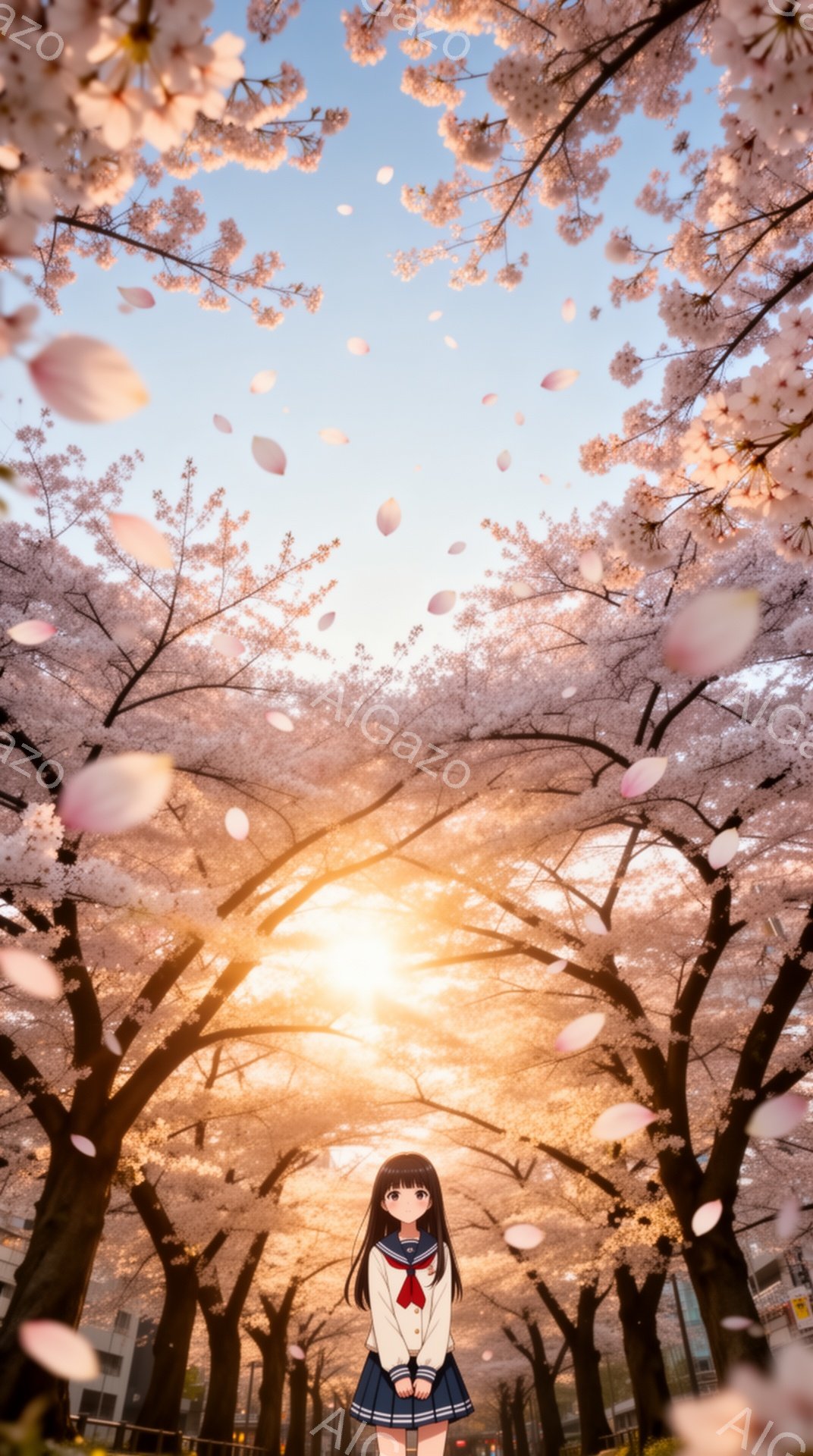 黒髪の少女が、セーラー服を着て、桜並木の真ん中に立っている。彼女は正面をまっすぐ見ており、表情は穏やかで少し微笑んでいるように見える。背景には、満開の桜並木と、夕焼けのような暖色の空が広がっており、舞 - AI生成フリー素材