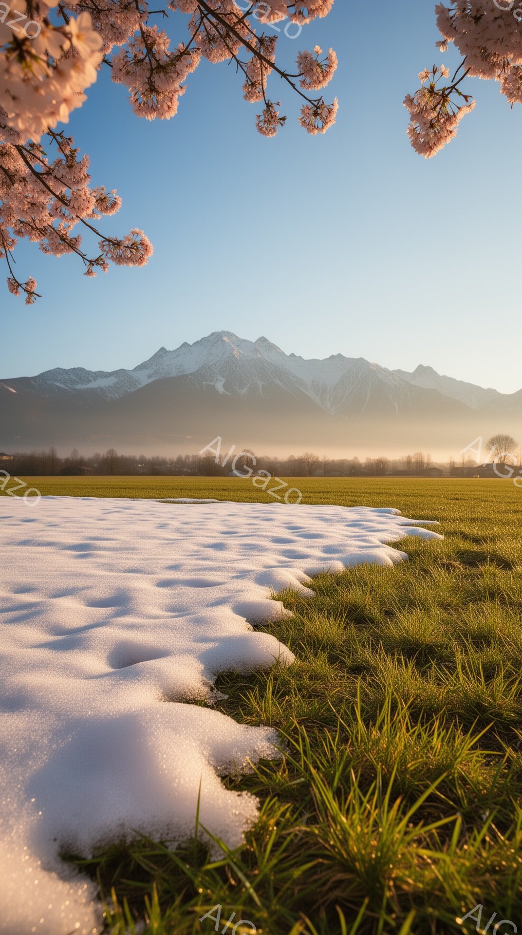浅い雪が緑の草原にまだ残り、春の訪れと冬の名残が混在した景色です。遠くには雪を抱いた山々が連なり、霧がかった朝の柔らかな光が、穏やかな雰囲気を醸し出しています。空は淡い青色で、全体的に静かで平和な印象 - AI生成フリー素材