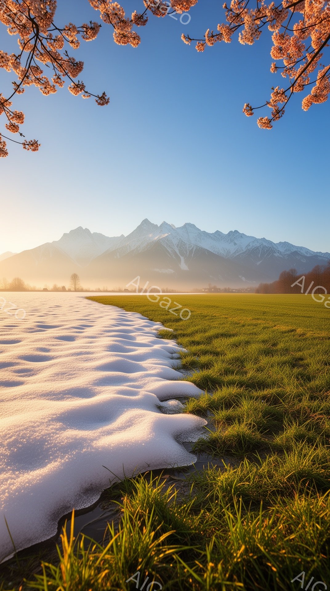 広大な緑の草原が広がり、遠くには雪を頂いた山々が連なっている。草原の中を蛇行するように流れる浅い川は、凍り付き、その表面に霜が降り積もっている。朝焼けの光が空をオレンジ色に染め、穏やかで静寂な雰囲気を醸し出している。