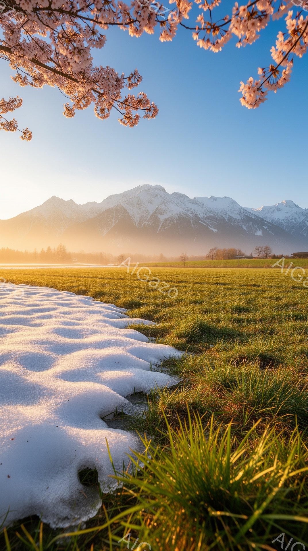 穏やかな朝焼けが広がる、雪解け水が流れる緑豊かな草原の風景です。遠くには雪を抱いた山々が連なり、霧が立ち込める低地が幻想的な雰囲気を醸し出しています。春の訪れを感じさせる、静かで美しい情景です。