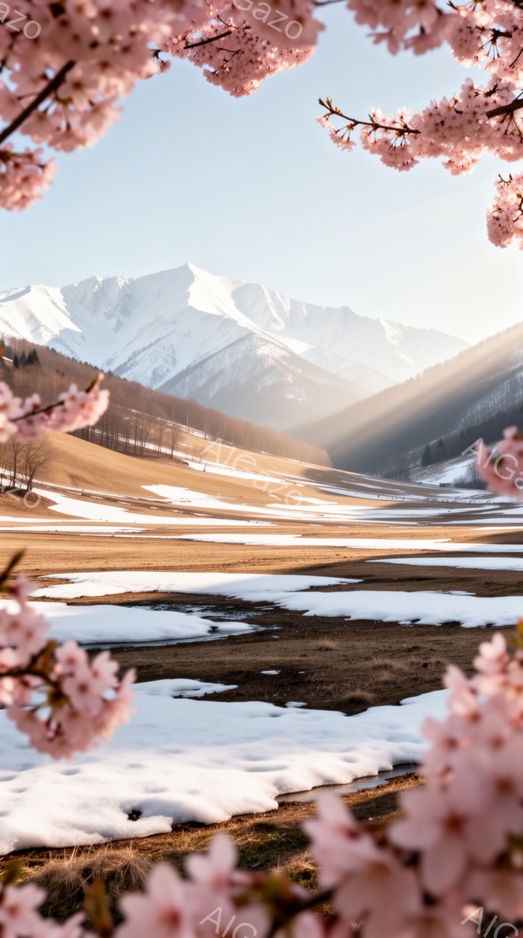 白い雪山が背景に広がり、なだらかな丘陵地帯が続く風景が広がっている。地面にはまだ雪が残っており、春の訪れと冬の名残が混ざり合った様子である。桜の花びらがフレームを彩り、暖かく穏やかな春の雰囲気を醸し出 - AI生成フリー素材