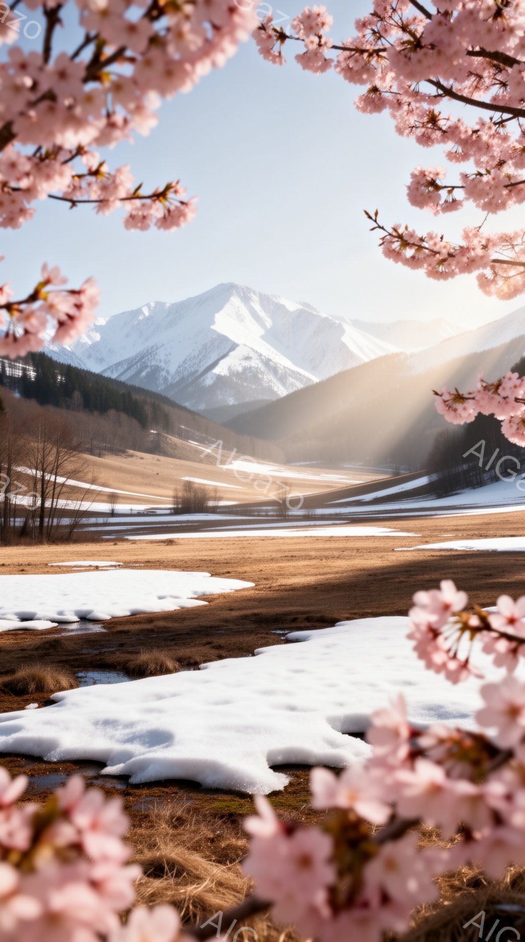 桜の花びらがフレームを彩る風景写真で、遠くには雪を抱いた山々が連なり、春の訪れを感じさせます。茶色と白のコントラストが美しい草原には、まだ雪が残っており、とろけるように景色に溶け込んでいます。日の光が斜めに差し込み、暖かく、穏やかな雰囲気を醸し出しています。