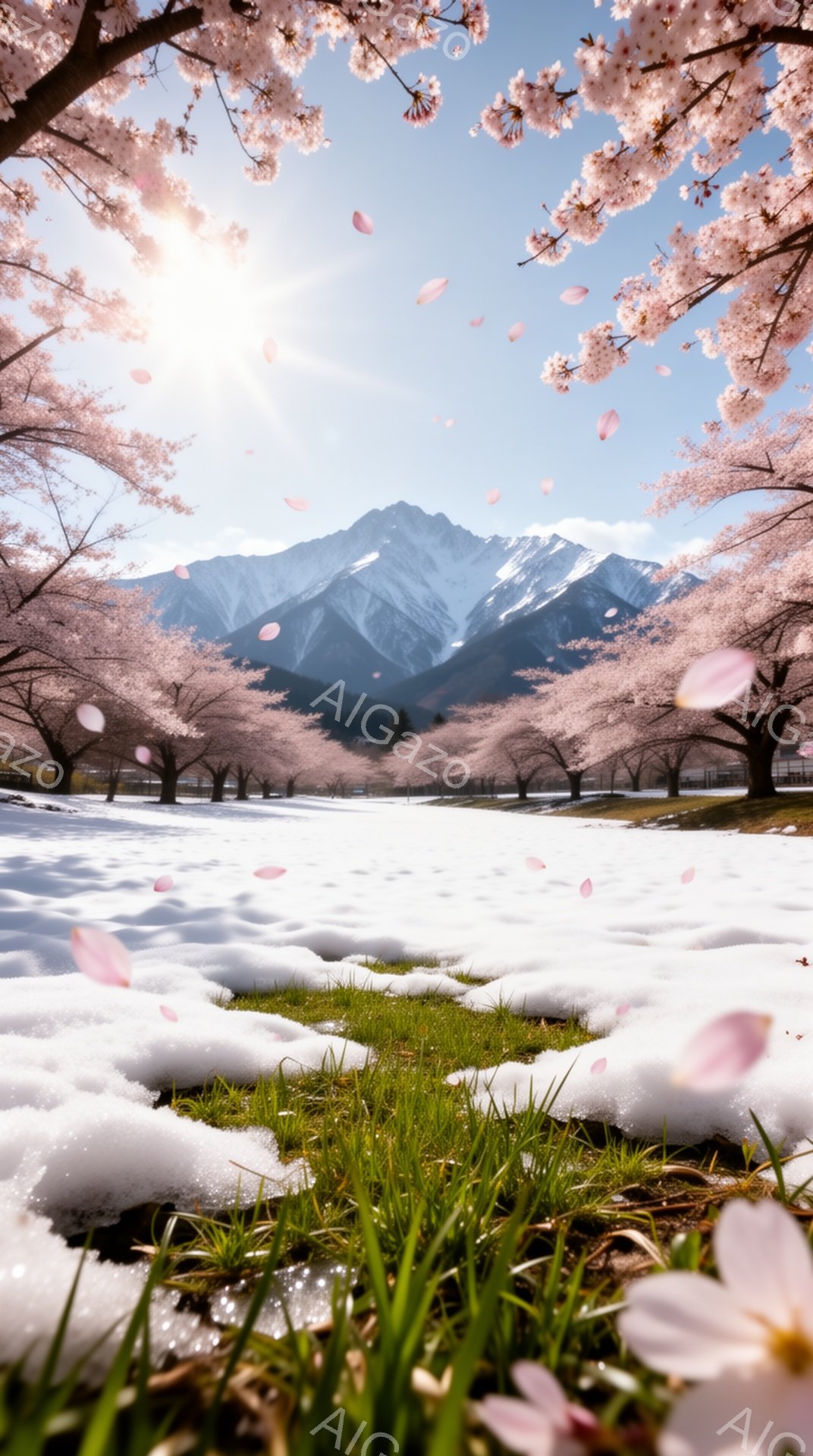 雪解け始めた草の上に、桜の花びらが舞い散る春の風景です。遠くには雪を抱いた山々が連なり、穏やかな日差しが春の訪れを告げています。全体的に、新緑と雪のコントラストが美しく、平和で穏やかな雰囲気が漂っています。