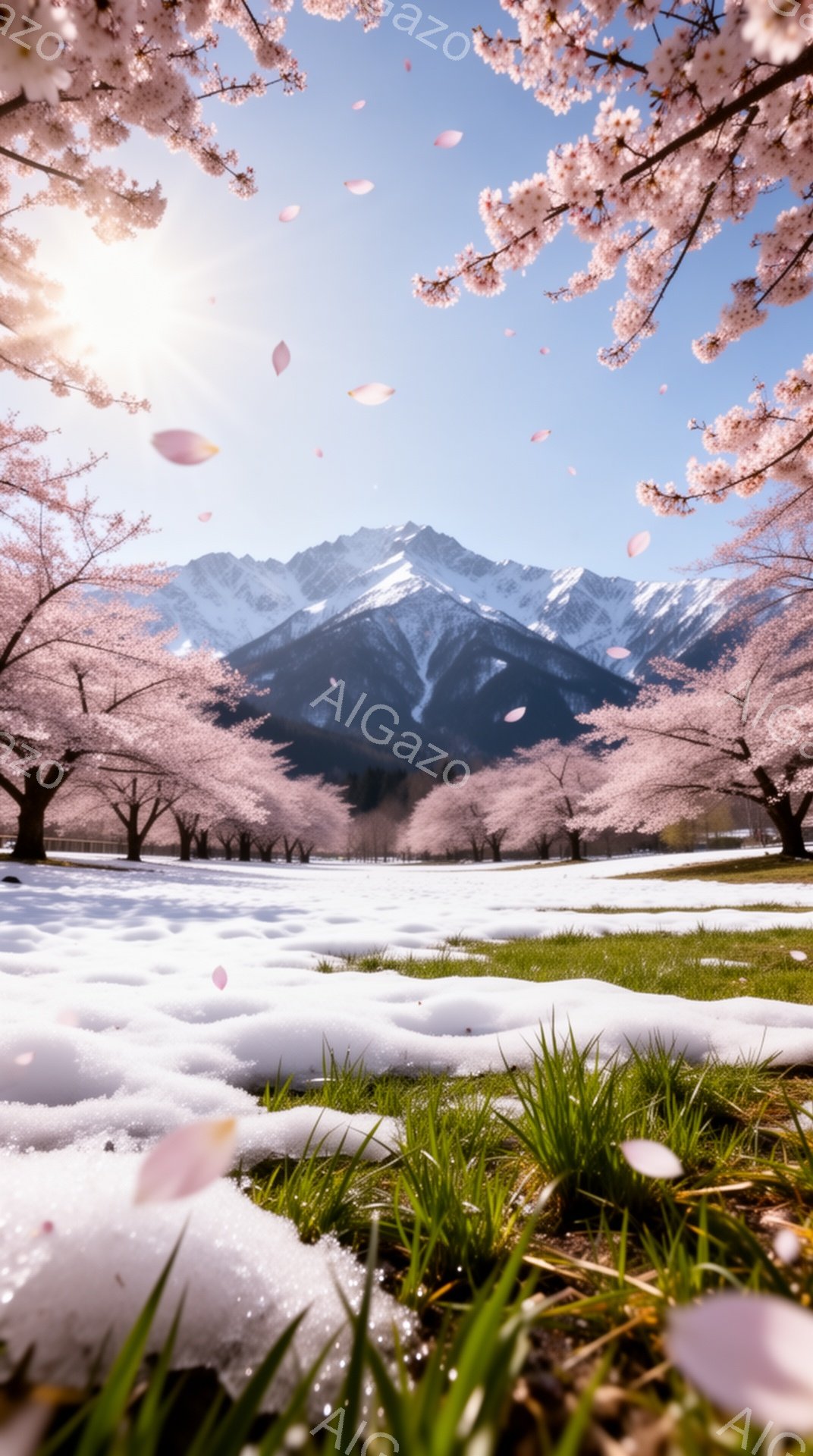 雪が残る草原に、満開の桜並木が広がり、遠くには雪を抱いた山々が連なっている。桜の花びらが舞い散り、春の訪れを告げているような、穏やかで美しい情景だ。新緑の芝生と桜のコントラストが鮮やかで、希望に満ちた - AI生成フリー素材