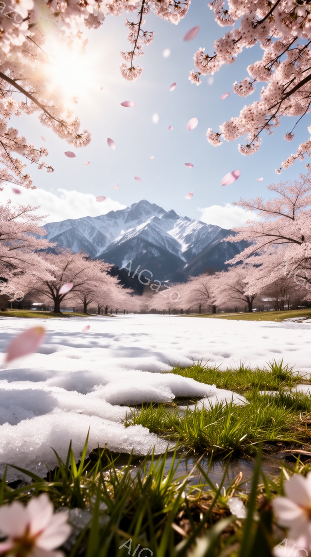 白い雪の残る草原が、満開の桜並木に囲まれている風景です。遠くには雪を抱いた山々がそびえ立ち、春の訪れと冬の名残が混ざり合う幻想的な光景が広がっています。桜の花びらが舞い散り、水面には緑の草が生い茂り、 - AI生成フリー素材