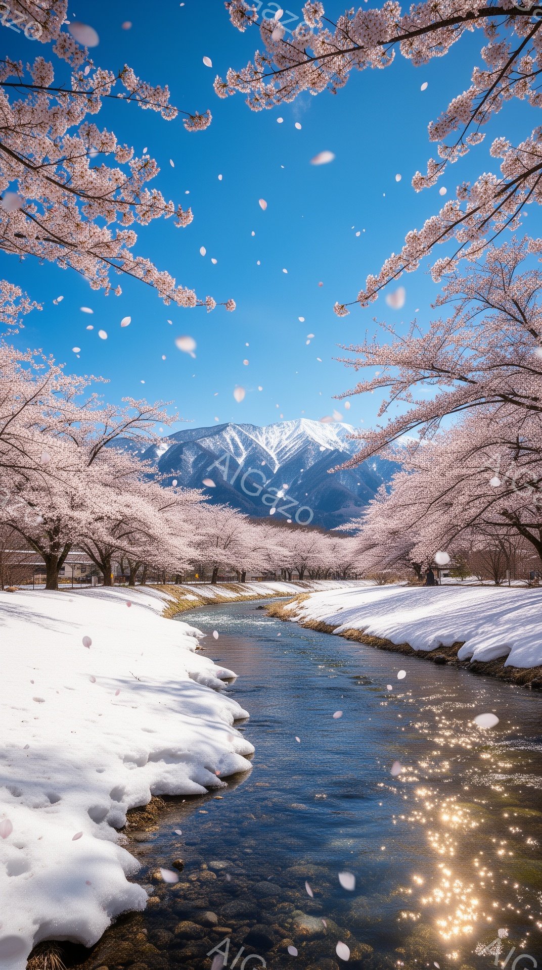 雪解け水が流れる小川の両岸には、満開の桜が咲き乱れ、ピンク色のトンネルを形成しています。背景には雪を抱いた山々がそびえ立ち、青空と桜色のコントラストが美しい春の風景を描き出しています。穏やかな水面には桜の花びらが舞い降り、幻想的で平和な雰囲気が漂っています。