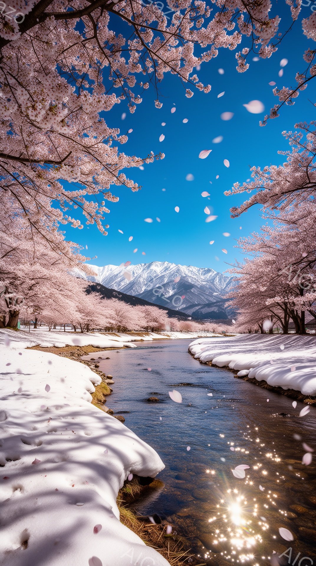 雪解け水が流れる小川の両岸は、桜並木に覆われ、散り始めた桜の花びらが水面や地面をピンク色に染めている。遠景には雪を抱いた山々が青空にそびえ立ち、春の訪れを感じさせる穏やかな風景が広がっている。日の光が - AI生成フリー素材