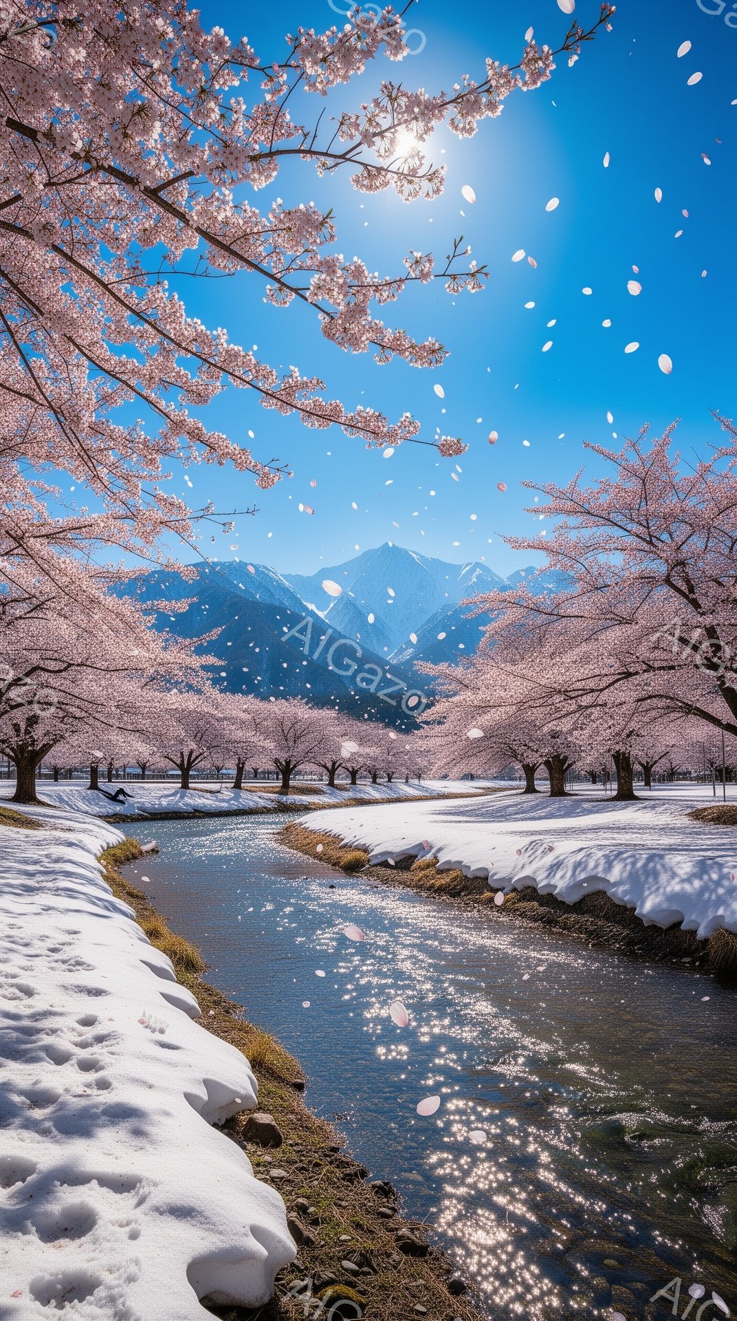 桜の花びらが舞い散る、雪解け水が流れる美しい風景です。遠くには雪を抱いた山々がそびえ立ち、春の訪れを感じさせます。川沿いには雪が残り、桜と雪のコントラストが幻想的な雰囲気を醸し出しています。