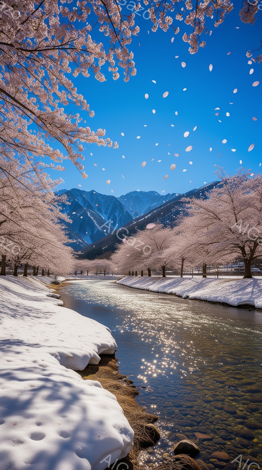 雪解け水が流れる小川の両側に、満開の桜並木が広がっている美しい風景です。背景には雪を抱いた山々がそびえ立ち、青空と桜のピンク、雪の白が織りなすコントラストが印象的です。桜の花びらが舞い散り、春の訪れを - AI生成フリー素材