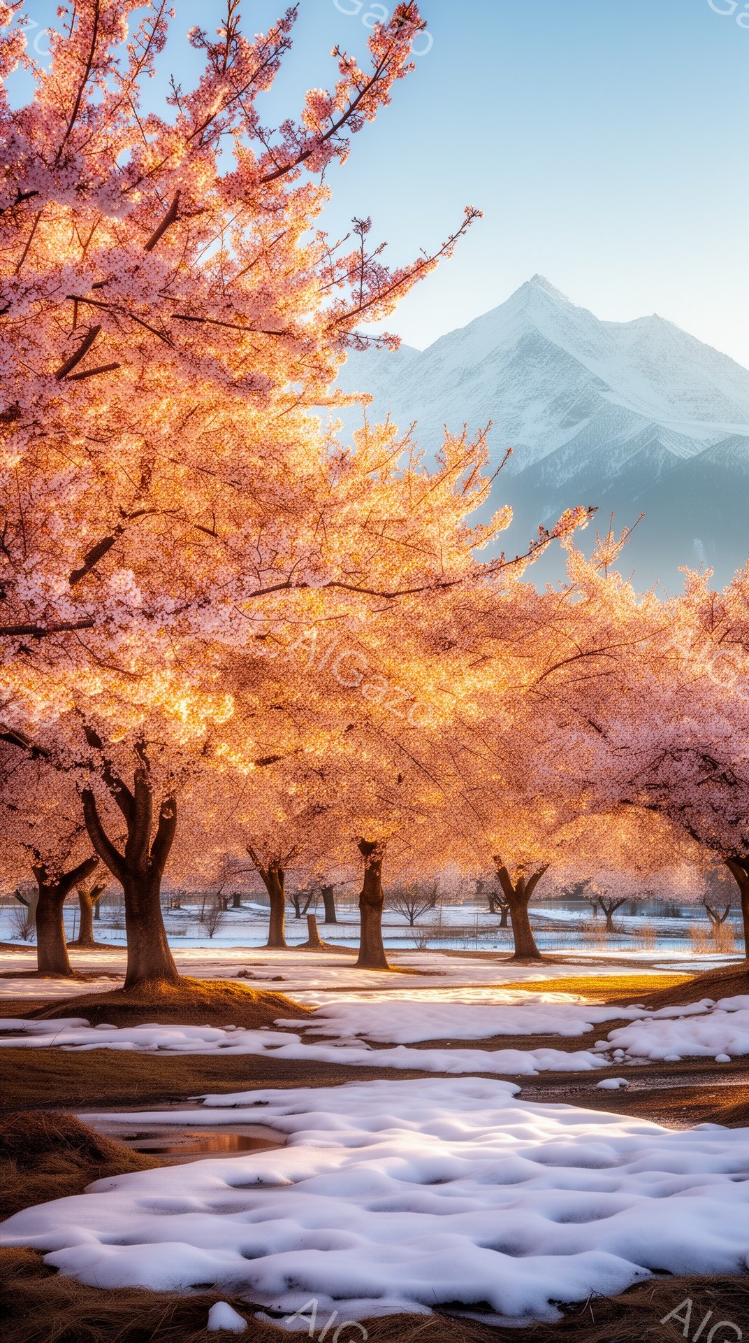 桜並木が広がり、その奥には雪を抱いた山々がそびえ立っている。地面にはまだ雪が残り、春の訪れと冬の名残が混ざり合った光景だ。全体的に暖かく穏やかな雰囲気で、希望に満ちた春の息吹を感じさせる。 - AI生成フリー素材