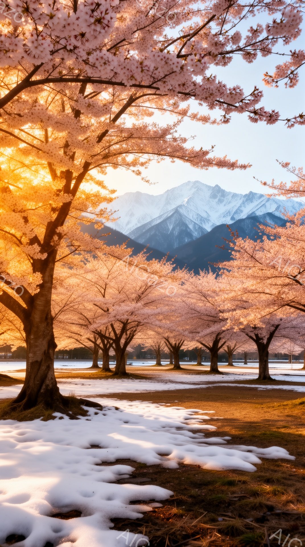 桜並木が続く公園で、遠くには雪を抱いた山々がそびえ立っている。地面にはまだ雪が残り、春の訪れと冬の名残が混ざり合った幻想的な風景を作り出している。桜の花びらが降り積もり、暖かい光に照らされた景色は穏や - AI生成フリー素材