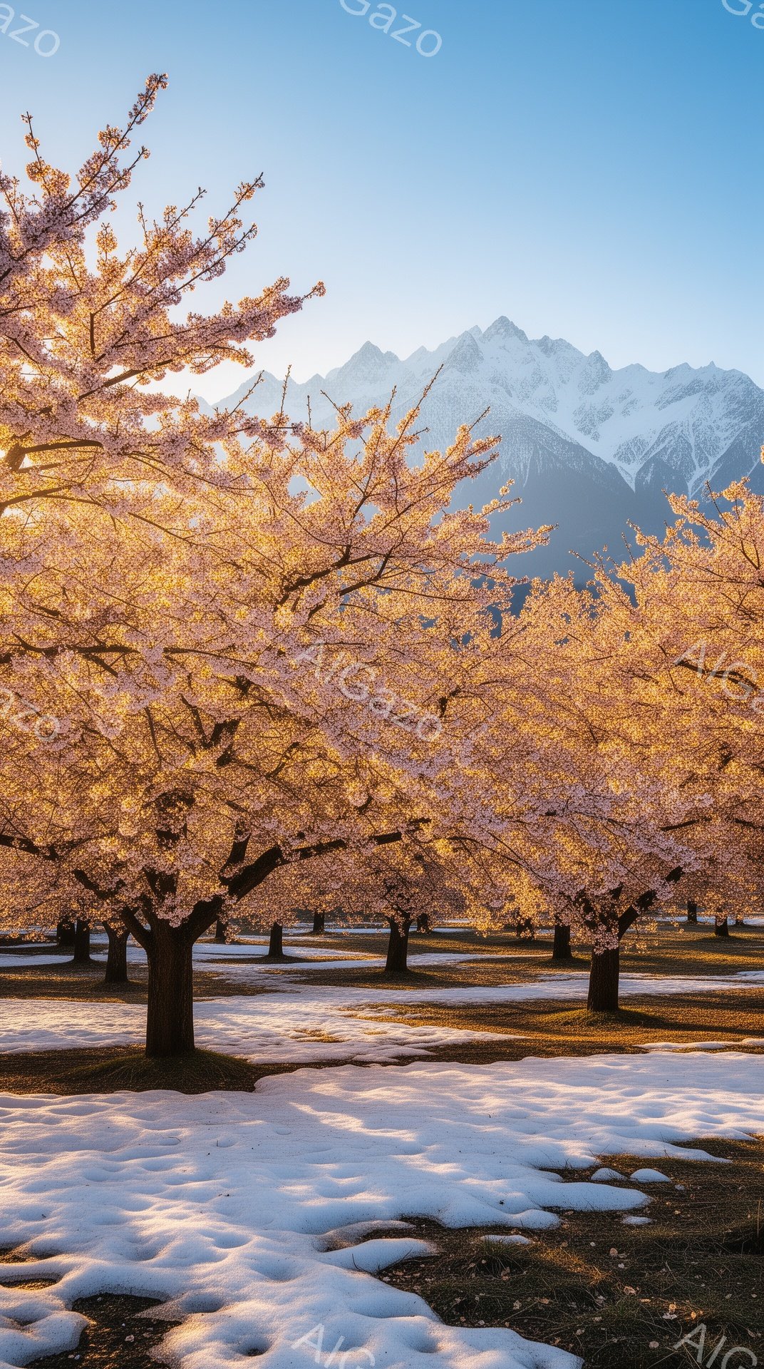 桜並木が続く公園の風景で、背後には雪を抱いた山々がそびえ立っている。地面はまだ雪に覆われており、桜の花びらが薄く散りばめられている。暖かく穏やかな光が全体を包み込み、春の訪れを感じさせる美しい情景であ - AI生成フリー素材