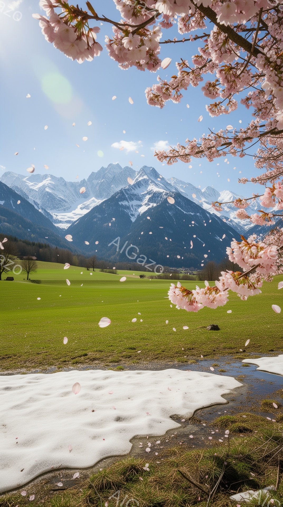鮮やかな緑の牧草地が広がり、雪を抱いた山々が遠景にそびえ立っています。桜の花びらが舞い散り、春の暖かさと自然の美しさを表現しています。融け出した雪の跡が牧草地の一部を覆い、冬の名残と春の訪れを感じさせ - AI生成フリー素材