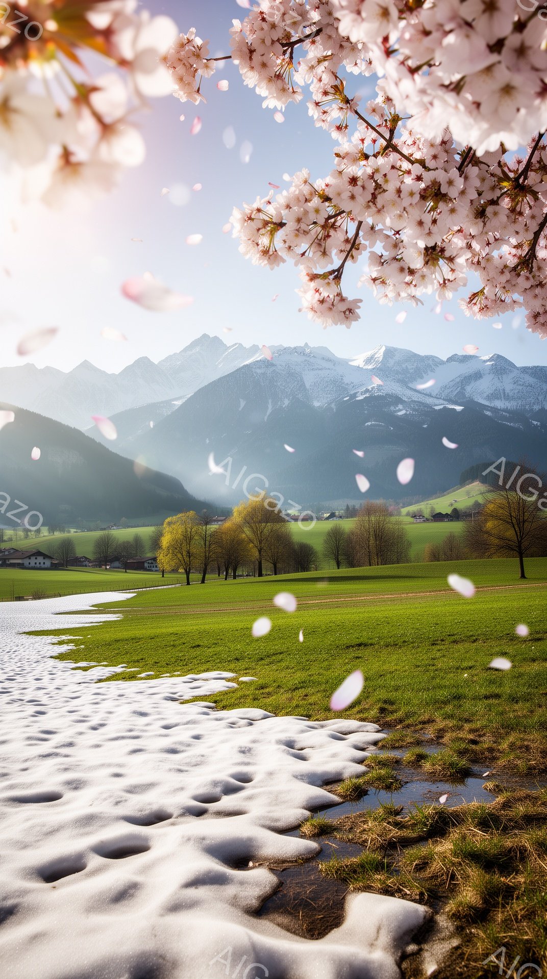 広大な緑の牧草地が広がり、遠くには雪を抱いた山々が連なる風景です。桜の花びらが舞い散り、春の訪れを告げています。牧草地の一部にはまだ雪が残り、春と冬が交錯する美しい景色が広がっています。 - AI生成フリー素材