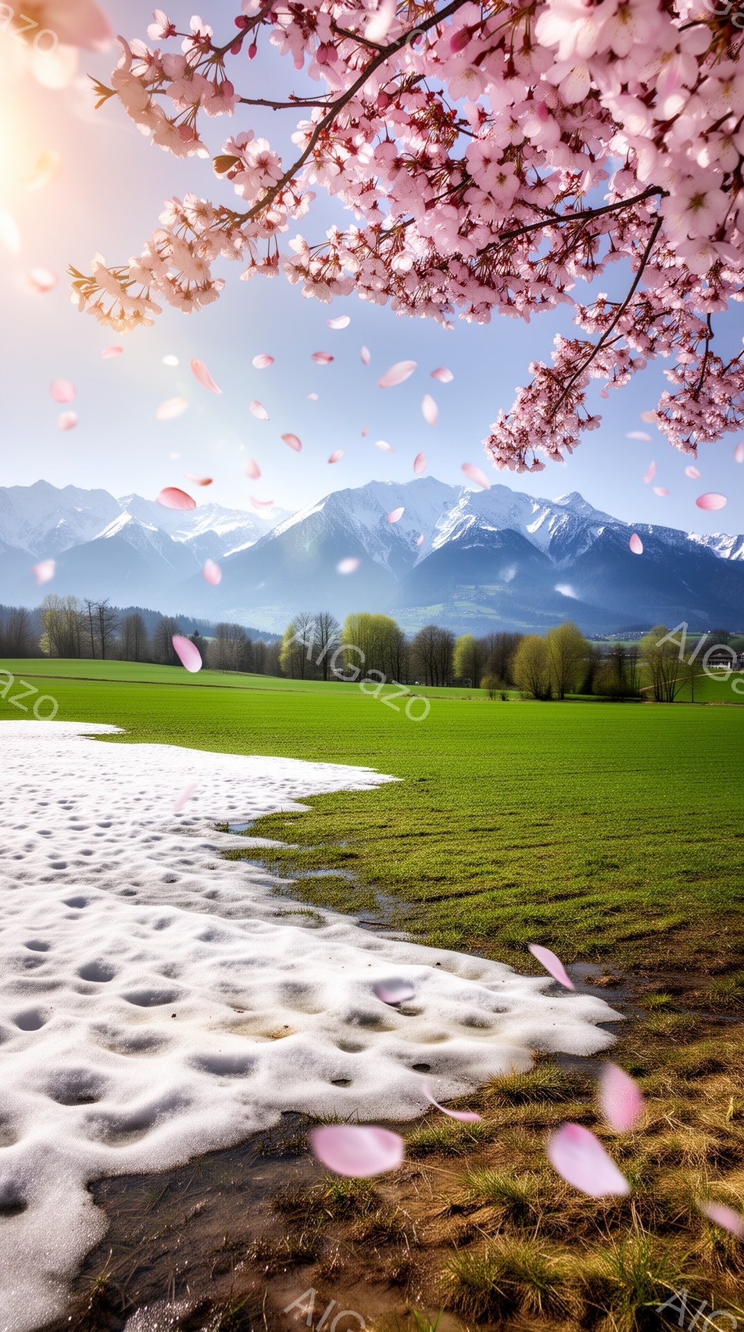 広大な緑の草原が広がり、遠方には雪を抱いた山々が連なっている。桜の花びらが舞い散り、春の穏やかな雰囲気を醸し出している。前景には水たまりがあり、その反射が美しい。 - AI生成フリー素材
