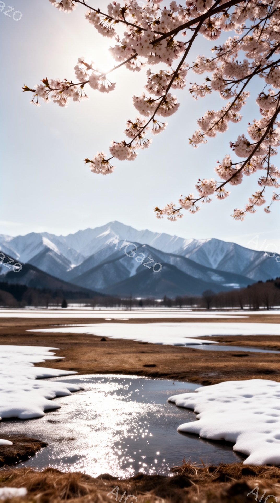 凍てつくような冬の風景が広がっており、雪解け水が緩やかに流れる小川が手前に見えます。遠景には雪を抱いた山々が連なり、空は晴れやかで日差しが差し込んでいます。桜の花びらが画面の隅に咲き誇り、春の訪れと冬の名残が入り混じった、静かで穏やかな雰囲気を醸し出しています。
