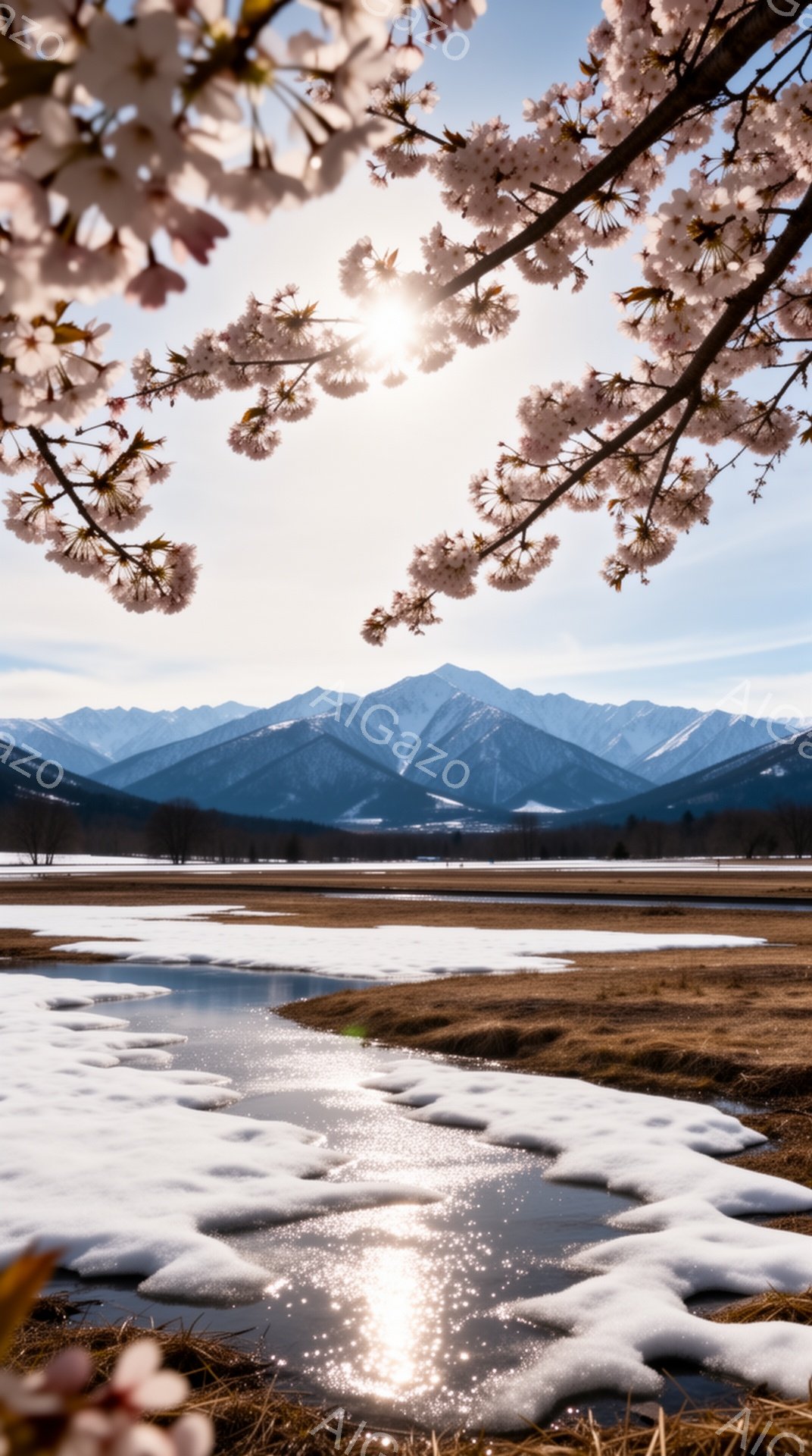 融け始めた雪が流れる小川が、茶色い草原を縫うように広がっている。遠くには雪を抱いた山々が連なり、冬から春への移行を感じさせる穏やかな風景だ。桜の花びらが画面の上部に配置され、この春の景色に華やかさを添えている。