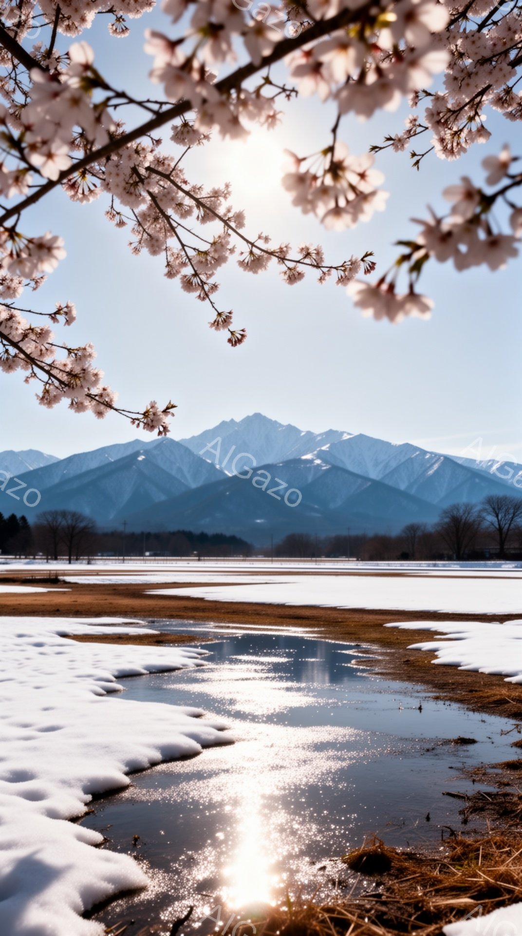 目の前に桜の枝が咲き乱れ、その奥には雪を抱いた山々が連なっている。地面はまだ雪が残っており、水たまりが鏡のように太陽光を反射して輝いている。春の訪れを感じさせる暖かな光と雪景色が共存する、静かで穏やか - AI生成フリー素材