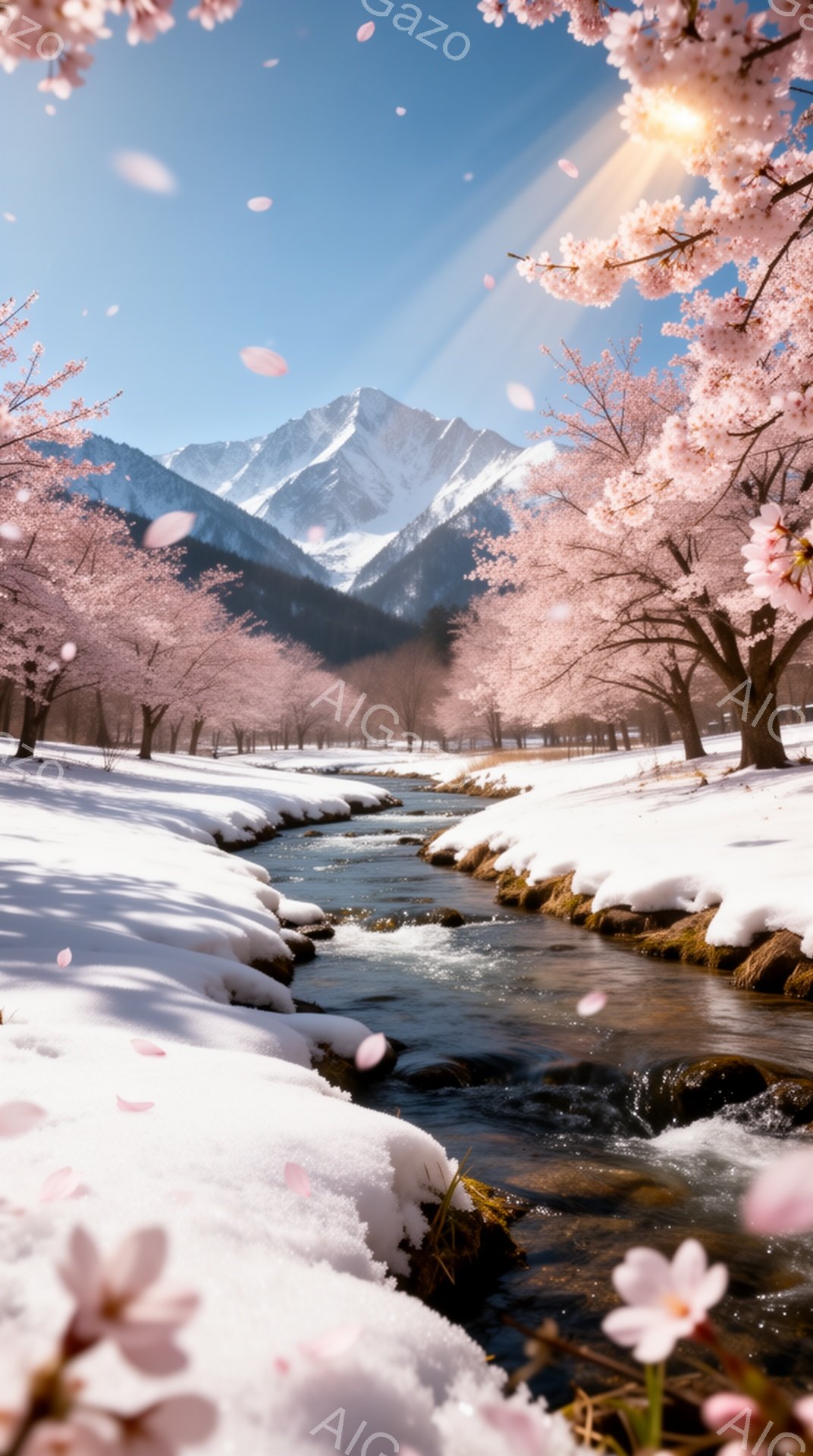 雪深い山並みを背景に、桜並木と小川が流れる美しい風景です。桜の花びらが舞い、まるで絵画のような幻想的な雰囲気を醸し出しています。水は澄んで流れ、雪と桜のコントラストが春の訪れを感じさせます。 - AI生成フリー素材