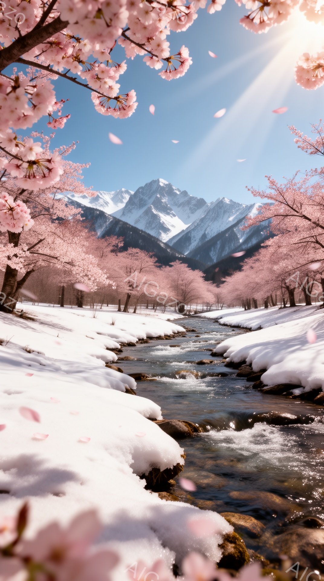 雪解け水が流れる小川の岸辺には、桜が咲き誇り、ピンク色の花びらが舞い散っている。遠くには雪を抱いた山々が聳え立ち、澄んだ青空が広がっている。全体的に穏やかで春の訪れを感じさせる、美しい情景である。