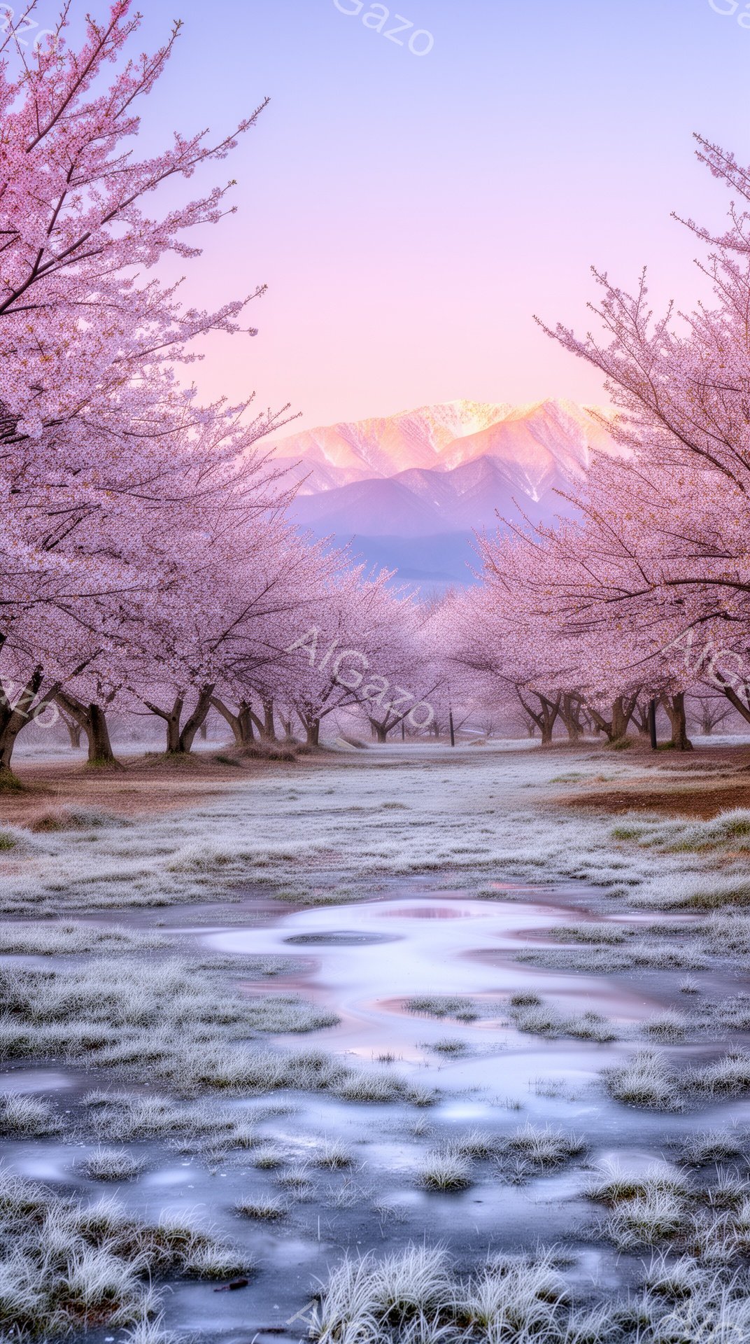 早春の朝、一面の菜の花畑が氷のヴェールに覆われ、足元には霜が降りている。遠くには雪を頂いた山々が夕焼けのような空に浮かび、菜の花の淡い黄色と空のグラデーションが織りなす美しい光景が広がっている。穏やかな空気と静寂が感じられ、幻想的な雰囲気に包まれている。