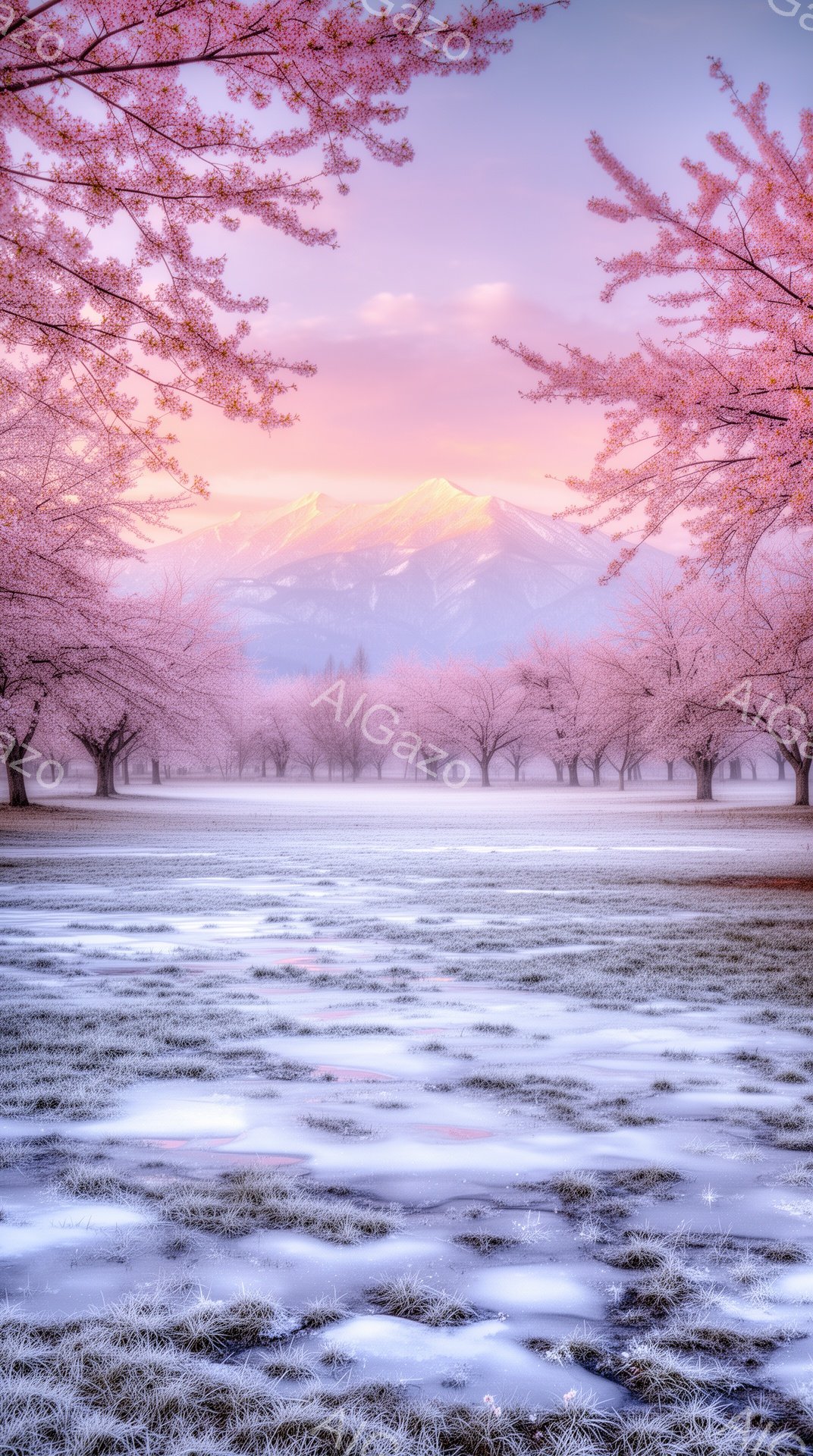 桜並木が続く風景が目に飛び込んできます。遠くには雪を抱いた山々が夕焼けに照らされ、空と山が美しいピンク色に染まっています。地面は水面のように光り、春の訪れを感じさせる幻想的な雰囲気です。 - AI生成フリー素材