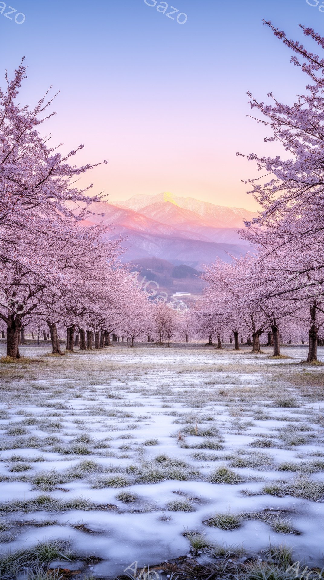 桜並木が広がる風景で、薄桃色の花びらが咲き誇り、地面は霜で白く覆われている。遠景には山々が連なり、空は朝焼けのグラデーションで彩られ、穏やかで幻想的な雰囲気を醸し出している。人の姿は確認できないが、自然の美しさと静寂が感じられる。
