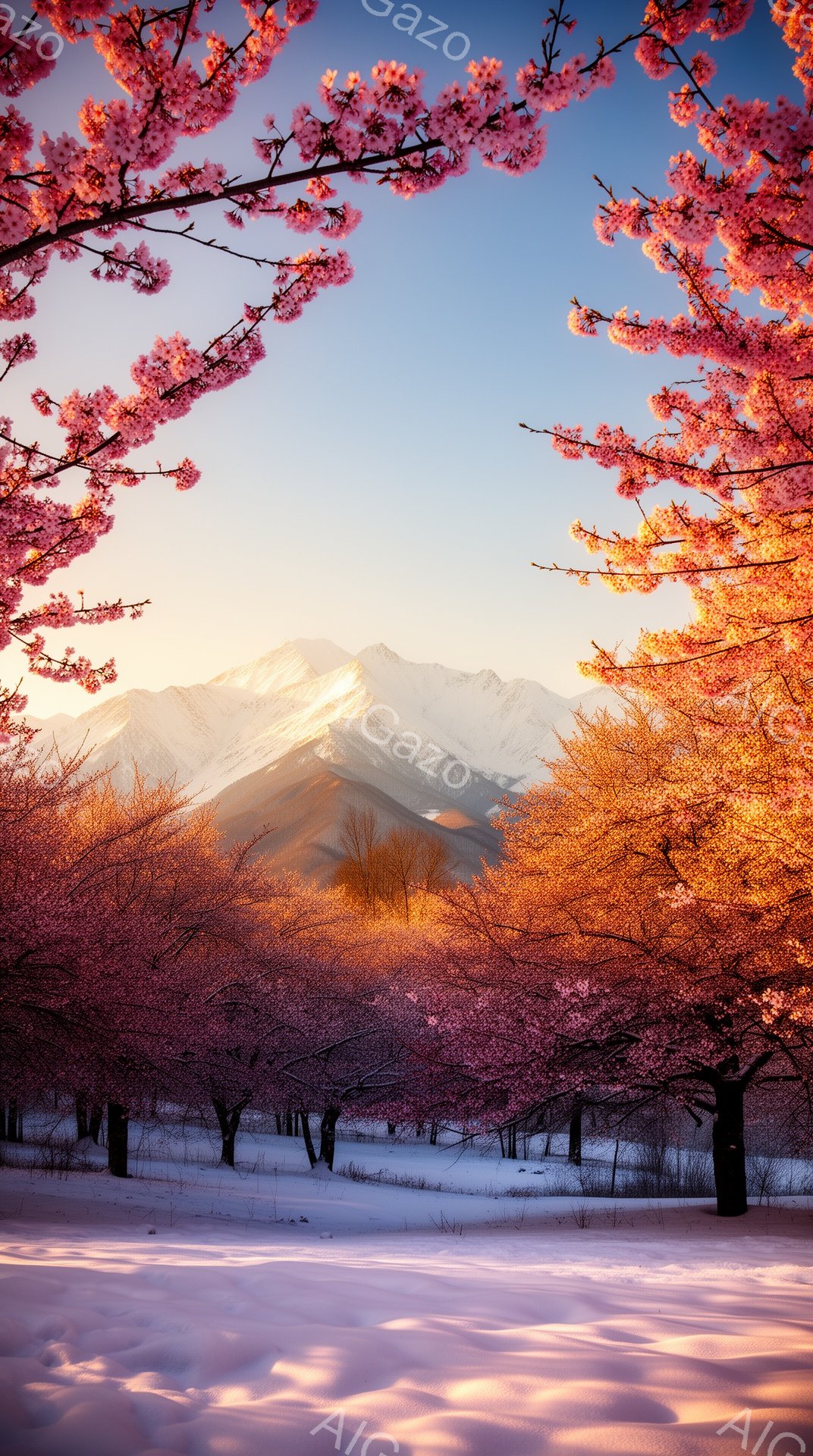 雪に覆われた公園に、ピンク色の桜並木が広がり、その奥には雪を抱いた山々が夕日に照らされている。桜の花びらは空中に舞い、地面にはピンク色の影が落ち、幻想的な雰囲気を醸し出している。穏やかな光と雪景色が、 - AI生成フリー素材