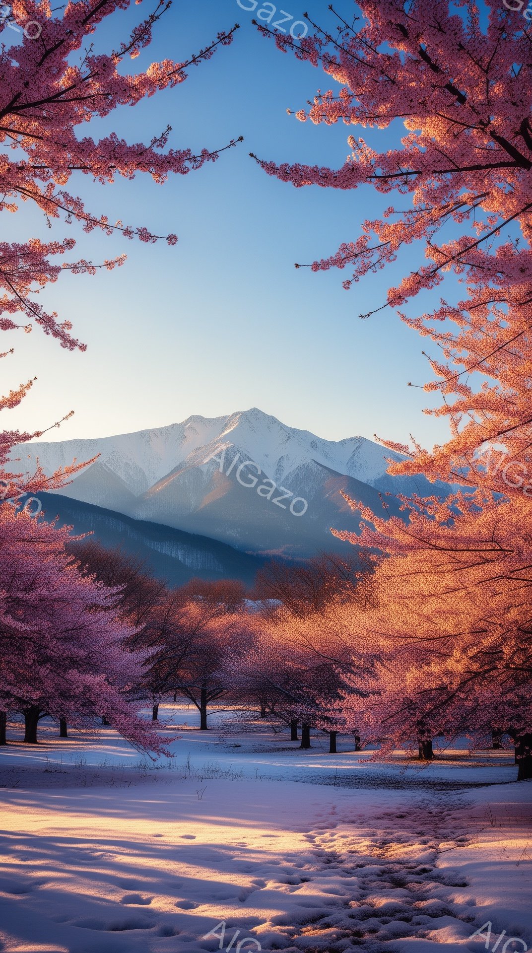 鮮やかなピンク色の桜並木が雪景色の中に広がり、奥には雪を抱いた山々が連なっている。地面には桜の花びらが舞い散り、光と影が美しい模様を描き出している。全体的に暖かく穏やかな雰囲気で、春の訪れを感じさせる。
