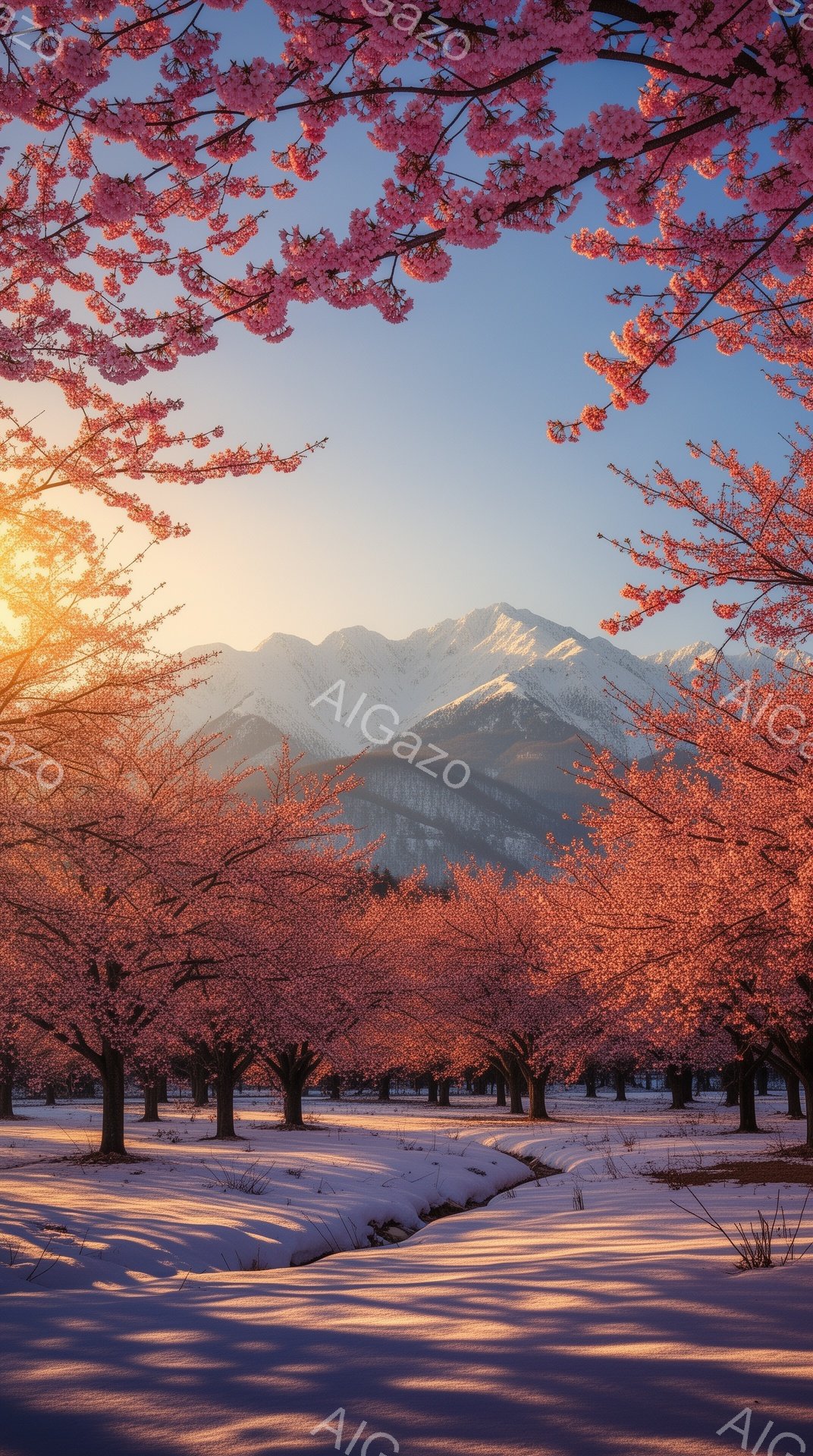 鮮やかなピンク色の桜並木が、雪深い山々を背景に広がっています。木々は整然と並び、地面には雪が残り、桜の花びらが舞い散る幻想的な光景です。春の訪れを告げる暖かく穏やかな雰囲気を感じさせます。 - AI生成フリー素材