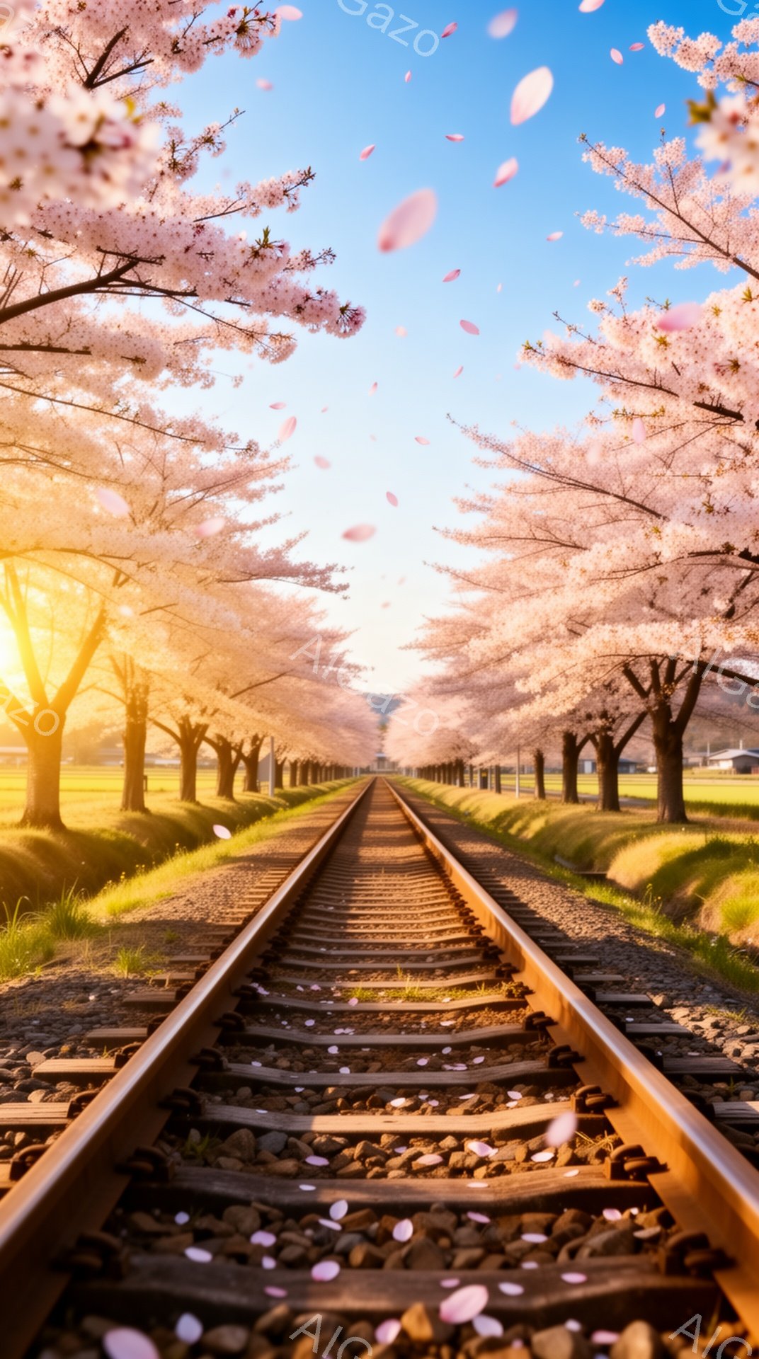 桜並木の中を走る線路が、遠くの光に向かって一直線に伸びている。ピンク色の花びらが舞い散り、春の暖かく幻想的な雰囲気を醸し出している。緑の草原と青空が背景に広がり、穏やかで美しい景色を作り出している。 - AI生成フリー素材